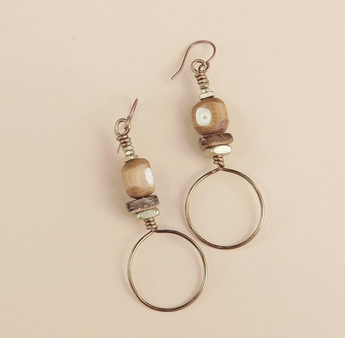 Boho Bone Earrings: Rustic Aventurine, Coconut Wood & Brass