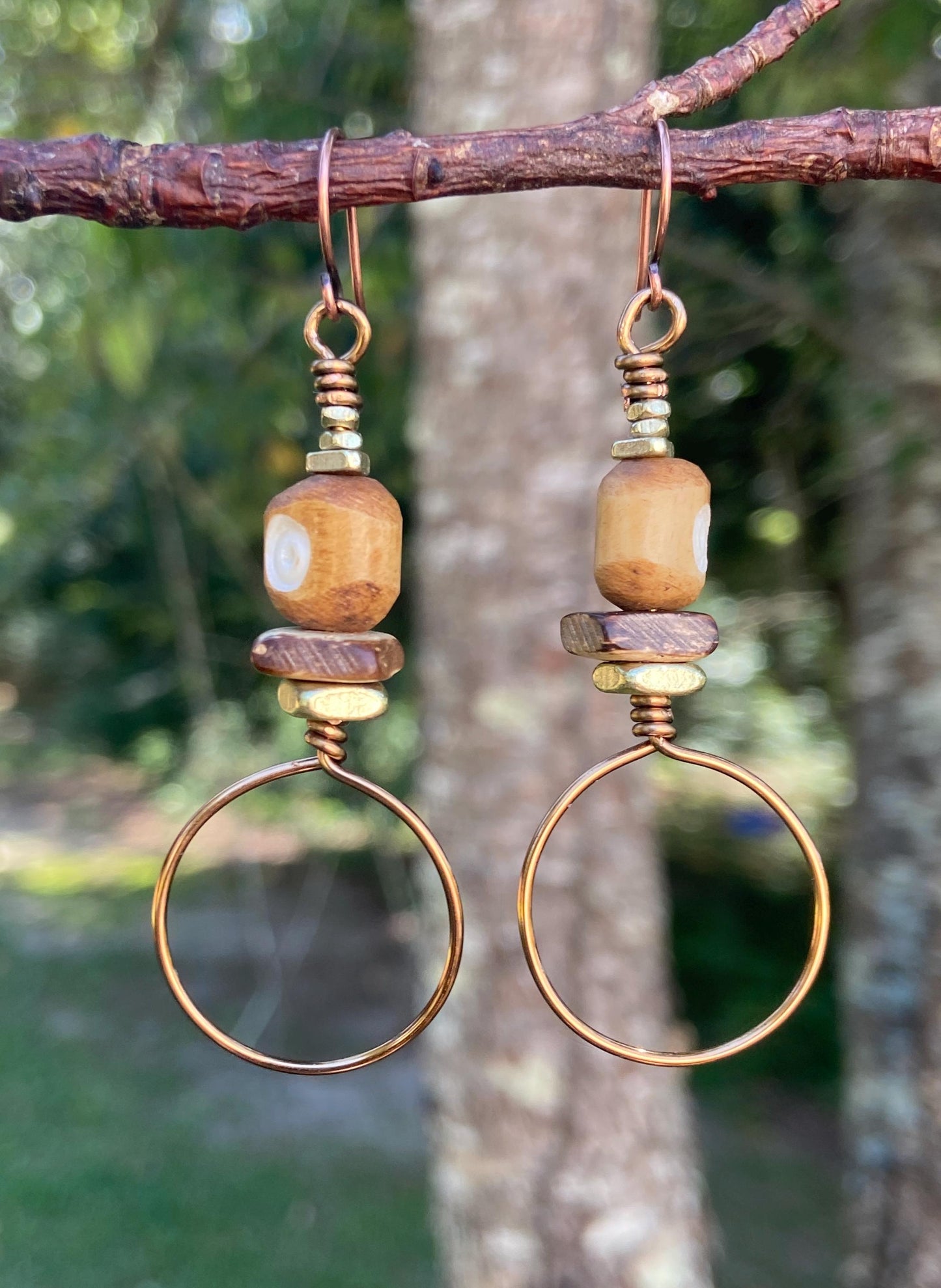 Boho Bone Earrings: Rustic Aventurine, Coconut Wood & Brass