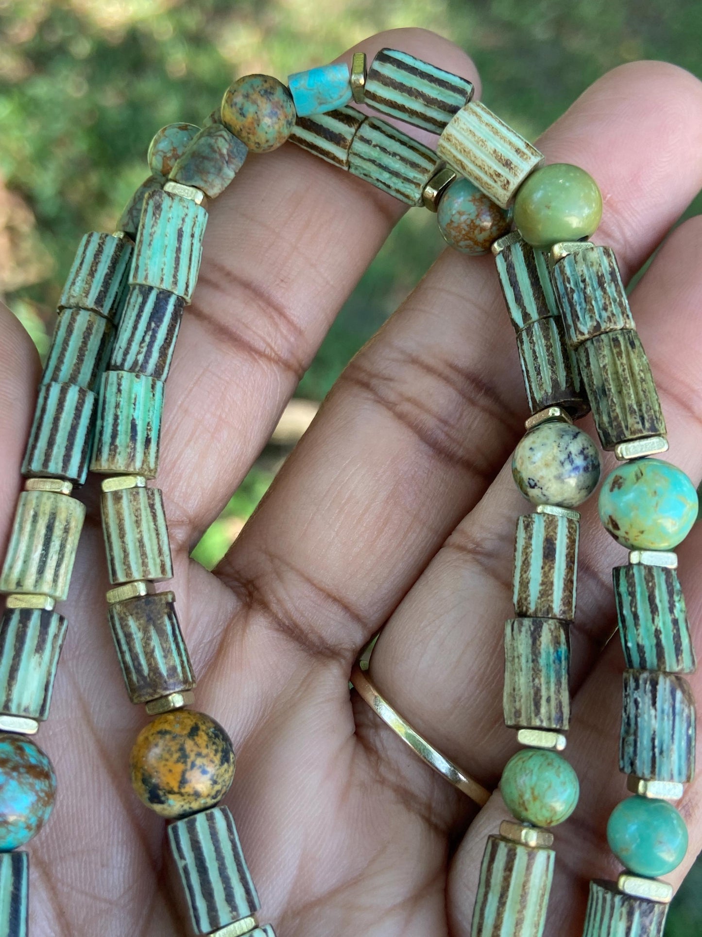 Boho Turquoise Gemstones and Mint Green Striped Bone Tube Beads