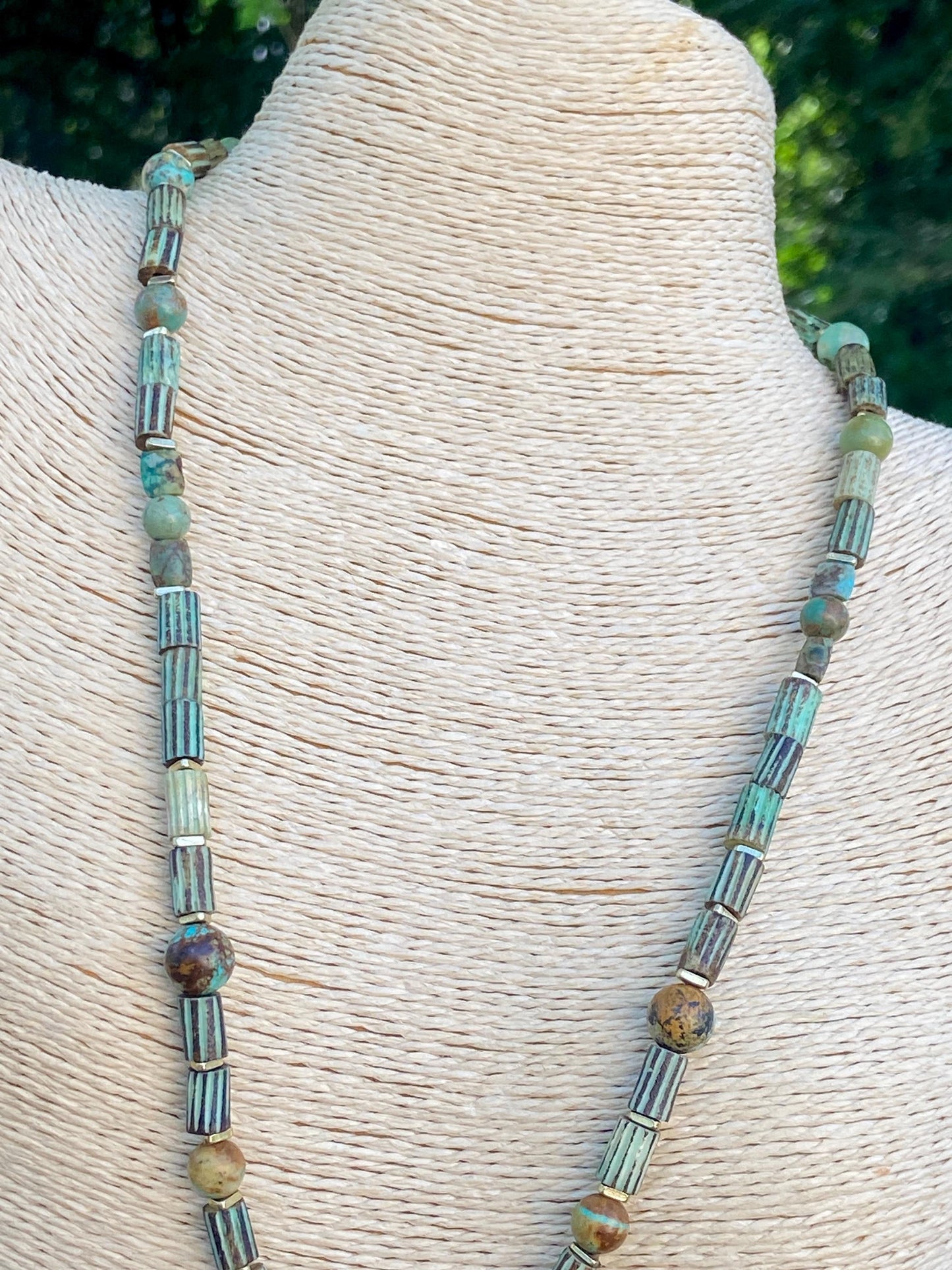 Boho Turquoise Gemstones and Mint Green Striped Bone Tube Beads