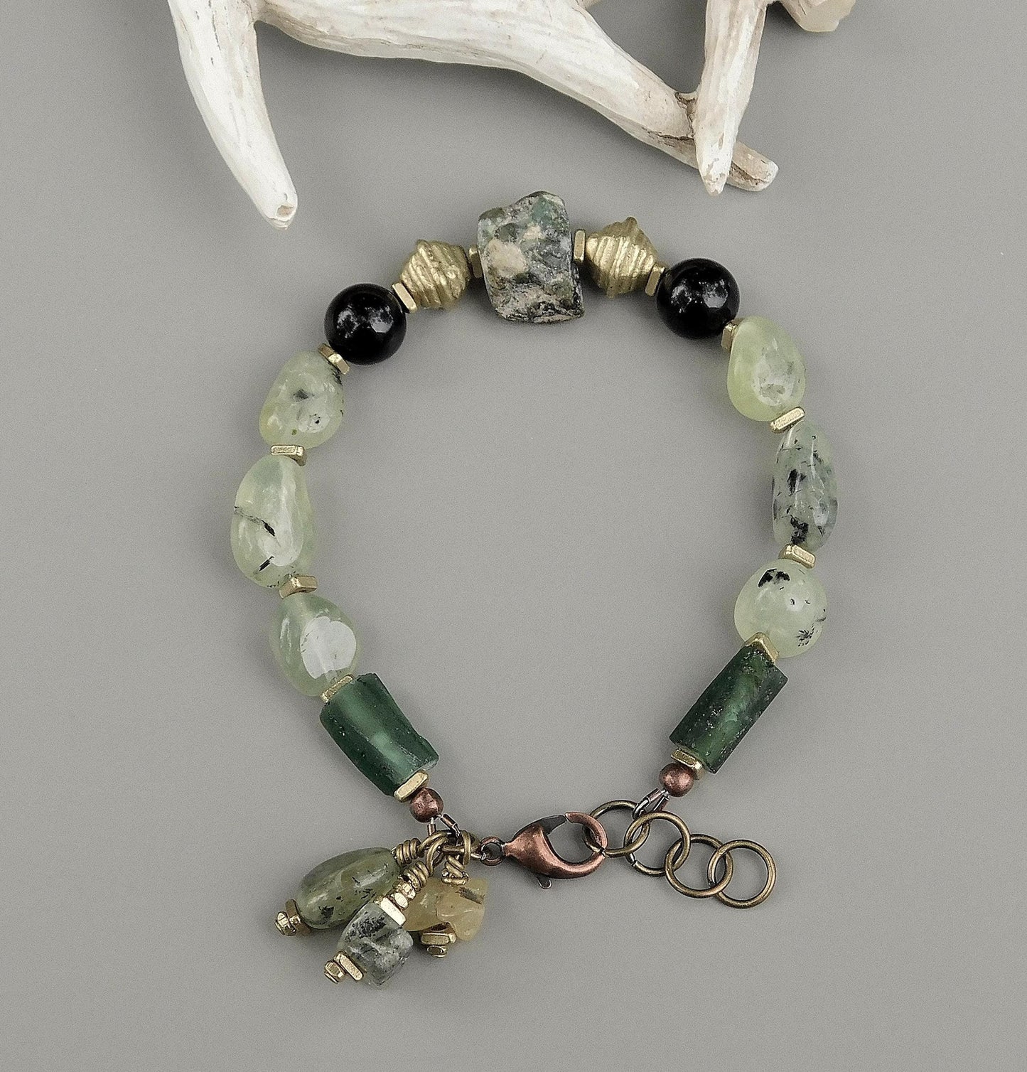 Prehnite, Black Onyx and Roman Glass Bracelet