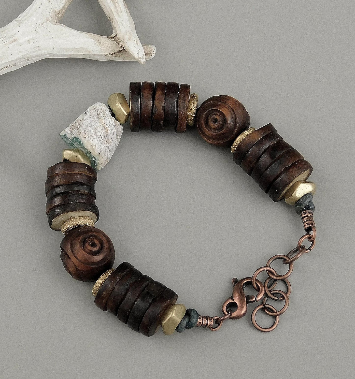 Brown Coconut Bone Heishi Beads and Carved Olive Wood Bead Bracelet