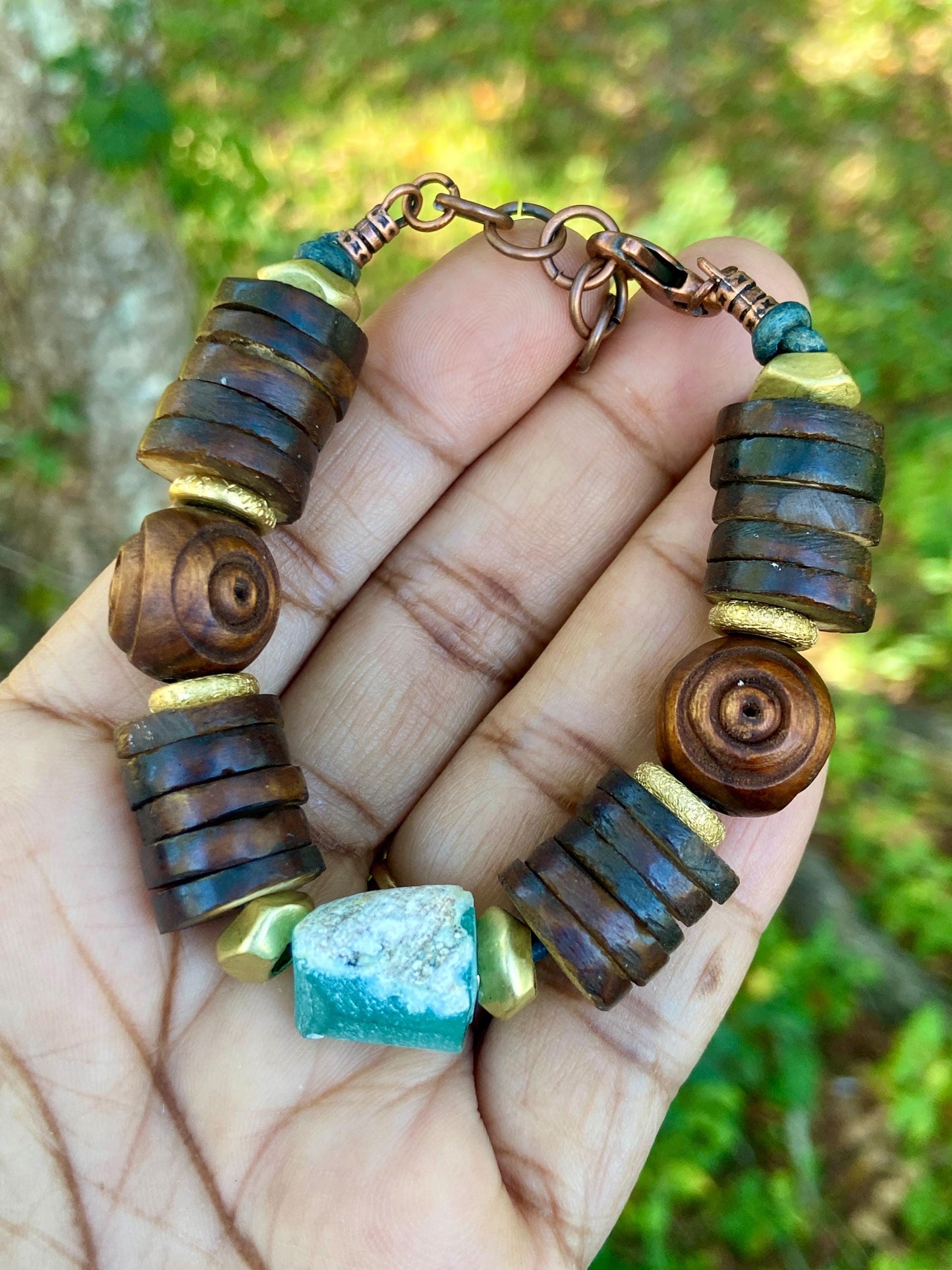 Brown Coconut Bone Heishi Beads and Carved Olive Wood Bead Bracelet