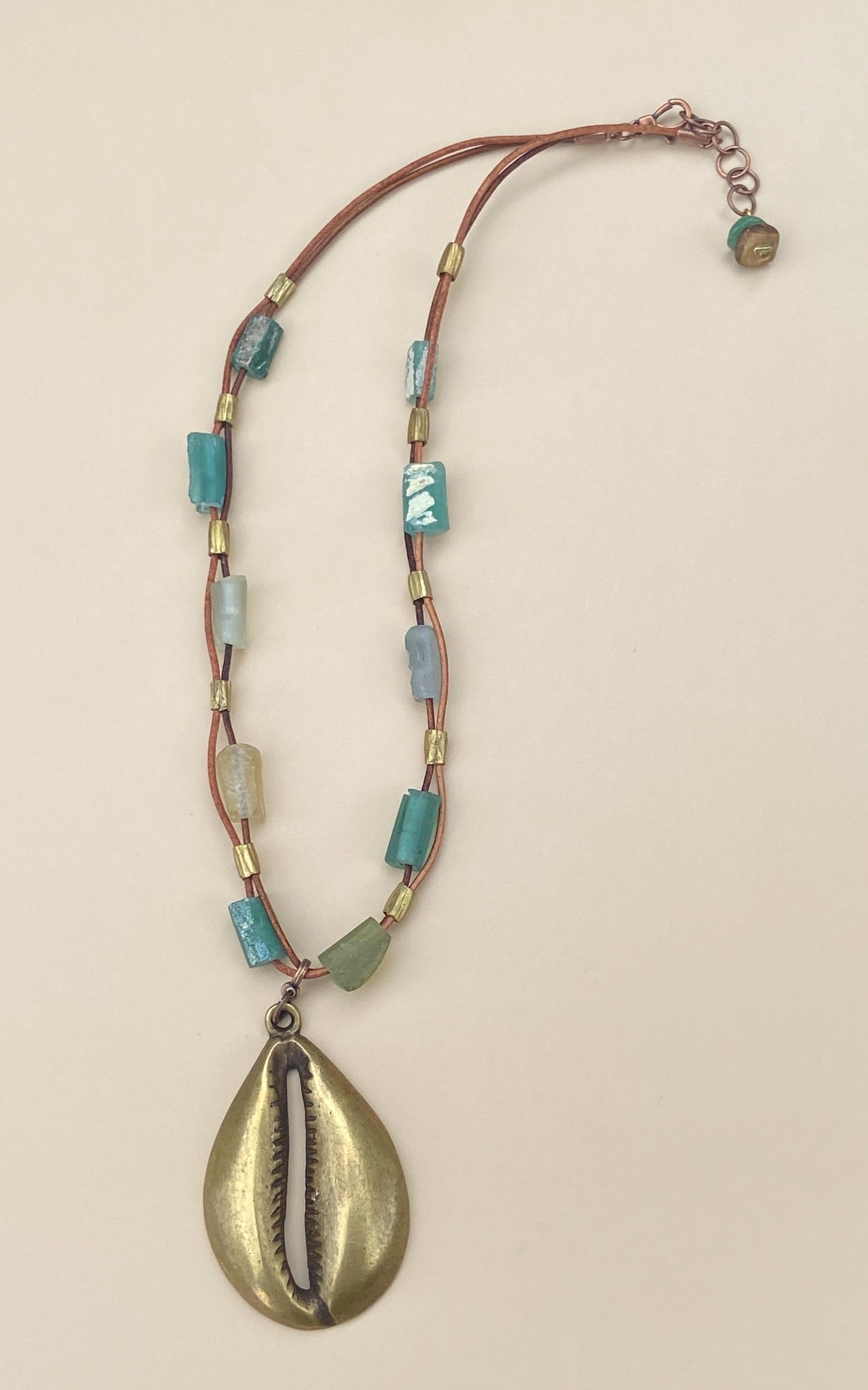 Handmade Roman Glass Necklace – Brass Cowrie Shell Pendant Green Recycled Sea Glass Beads