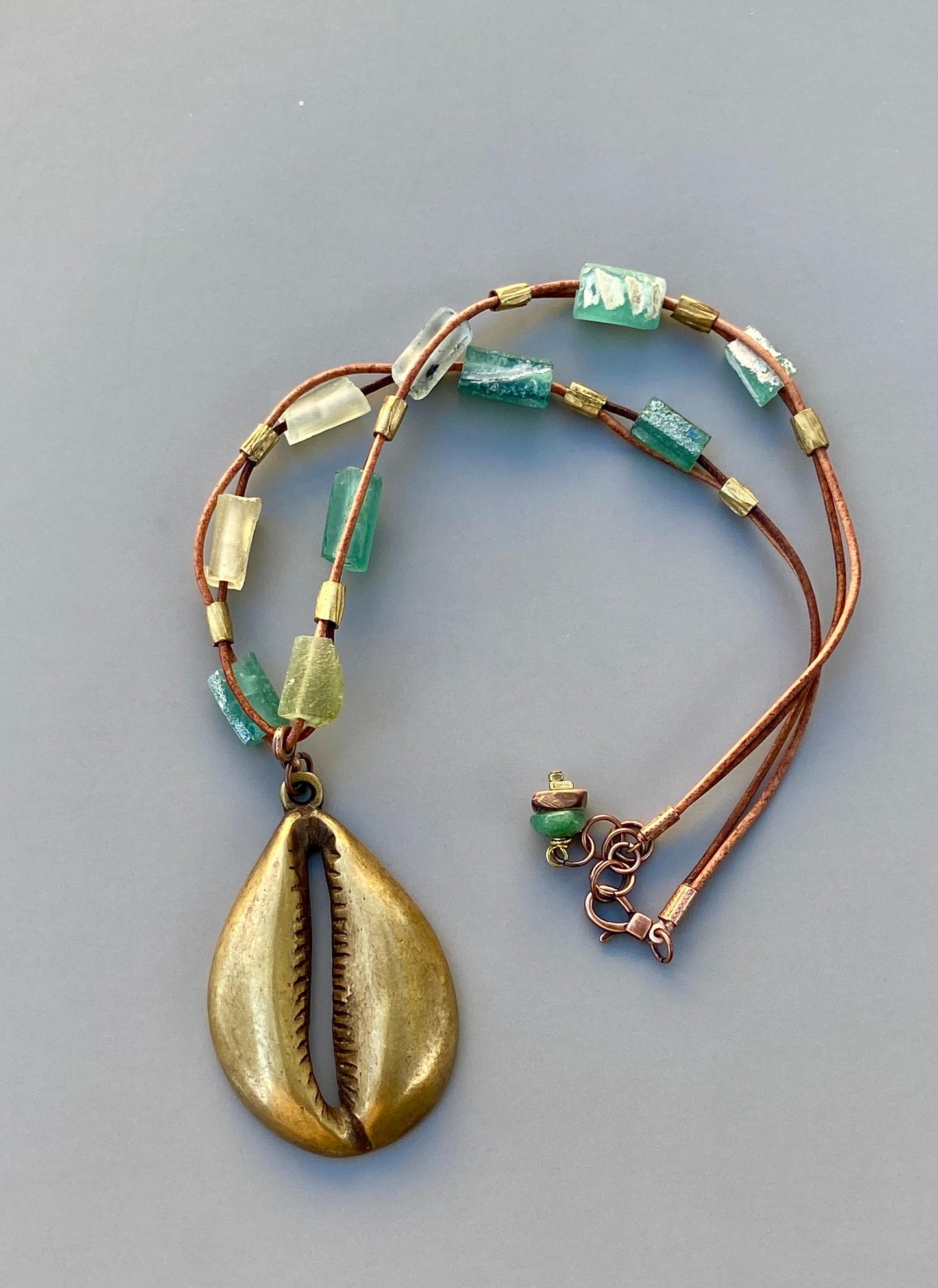 Handmade Roman Glass Necklace – Brass Cowrie Shell Pendant Green Recycled Sea Glass Beads
