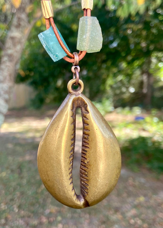 Handmade Roman Glass Necklace – Brass Cowrie Shell Pendant Green Recycled Sea Glass Beads