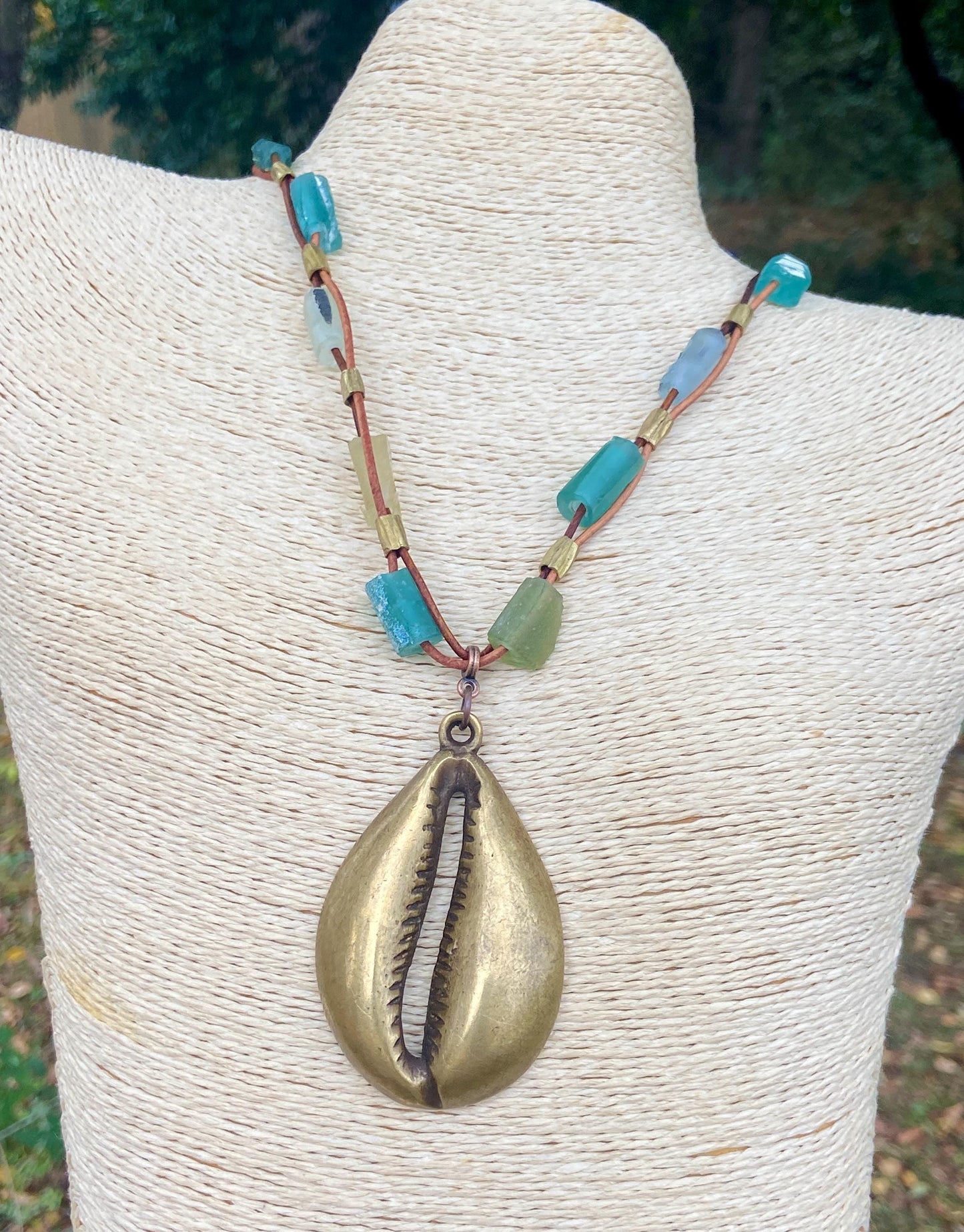 Handmade Roman Glass Necklace – Brass Cowrie Shell Pendant Green Recycled Sea Glass Beads