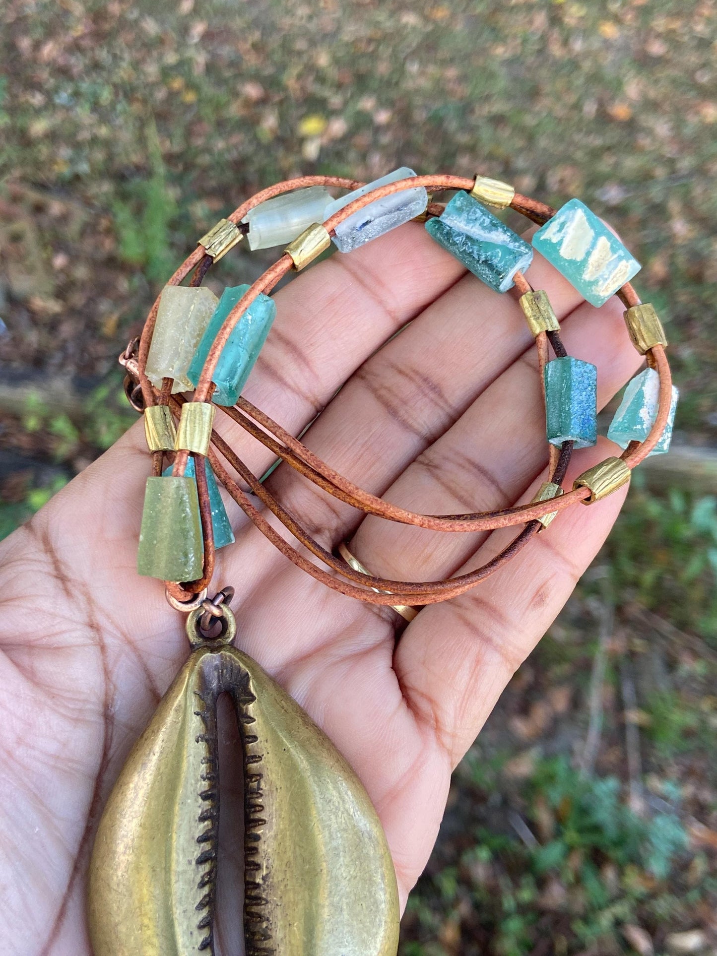 Handmade Roman Glass Necklace – Brass Cowrie Shell Pendant Green Recycled Sea Glass Beads