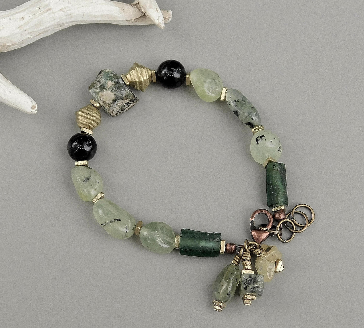 Prehnite, Black Onyx and Roman Glass Bracelet