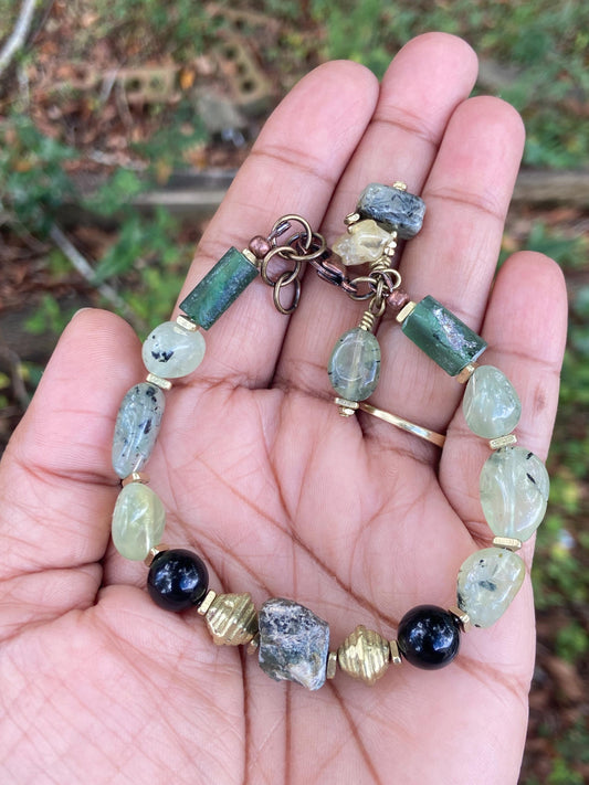 Prehnite, Black Onyx and Roman Glass Bracelet