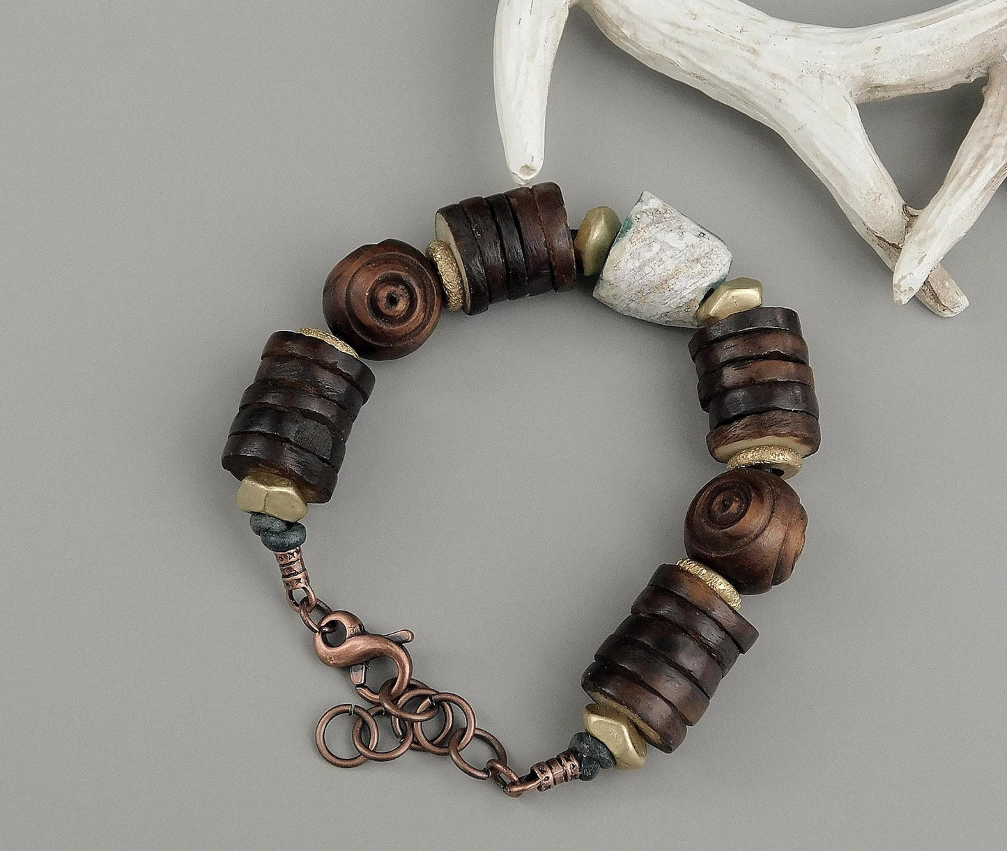 Brown Coconut Bone Heishi Beads and Carved Olive Wood Bead Bracelet