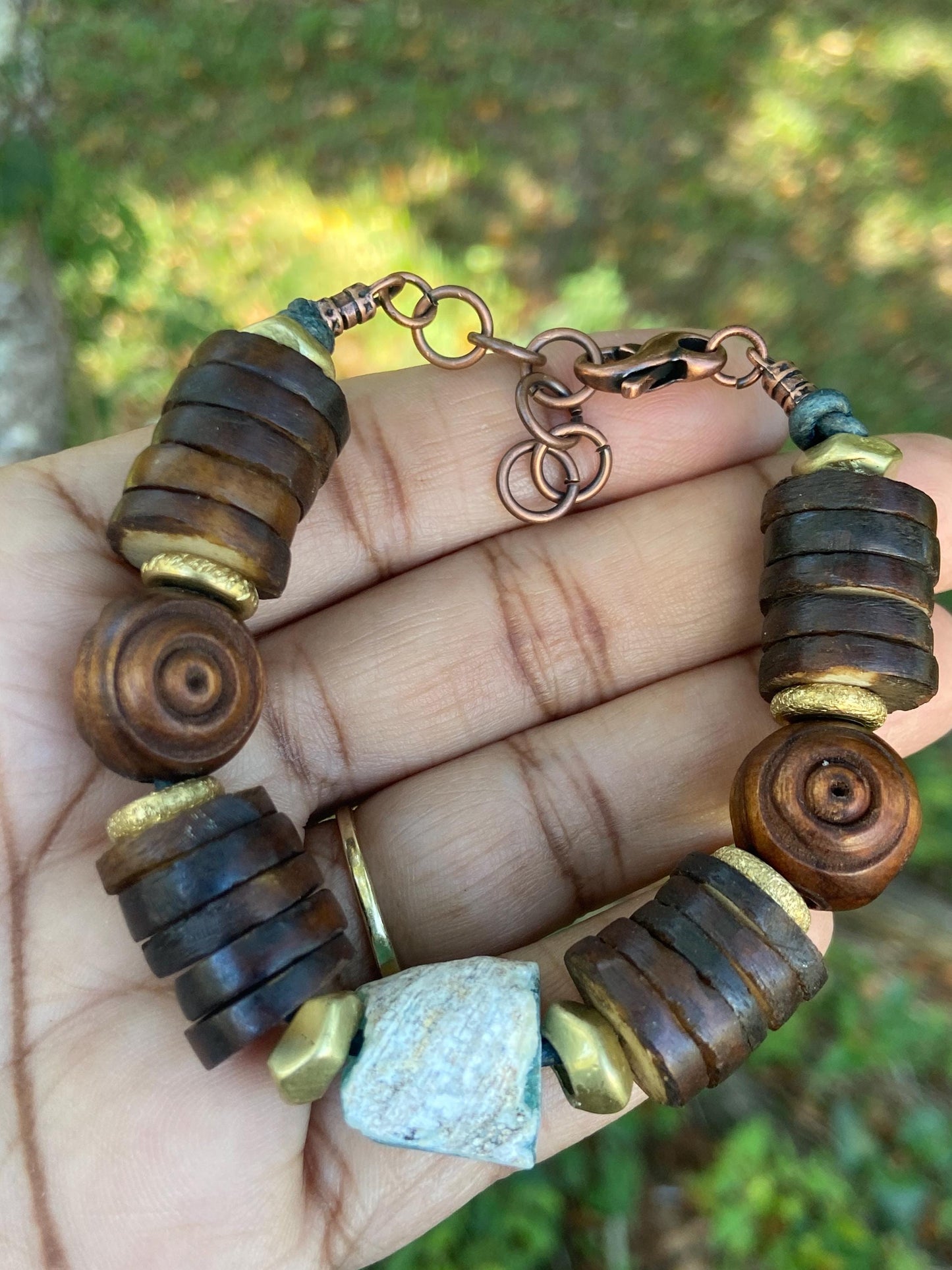 Brown Coconut Bone Heishi Beads and Carved Olive Wood Bead Bracelet