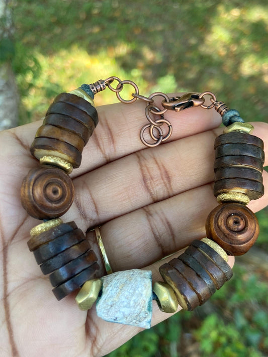 Brown Coconut Bone Heishi Beads and Carved Olive Wood Bead Bracelet