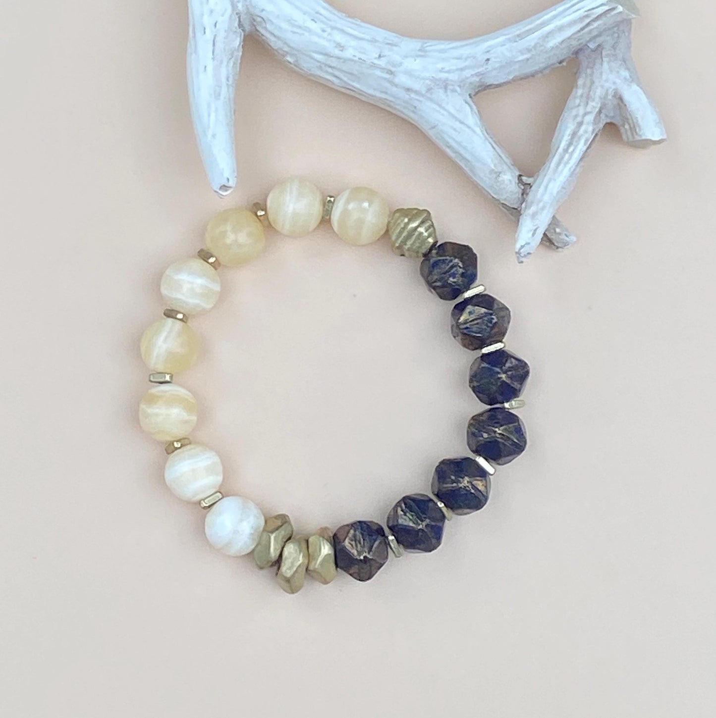 Minimalist Yellow Calcite & Czech Bead Bracelet with Brass Accents
