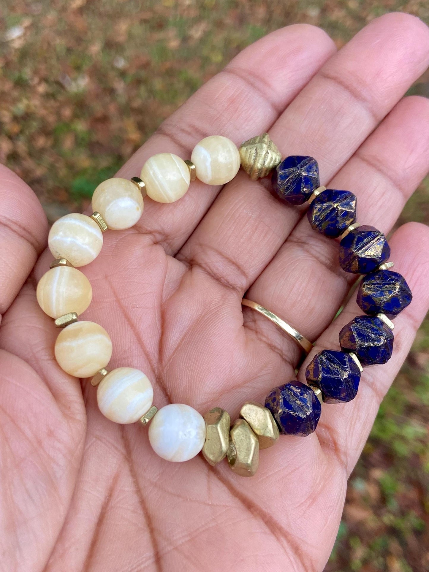 Minimalist Yellow Calcite & Czech Bead Bracelet with Brass Accents