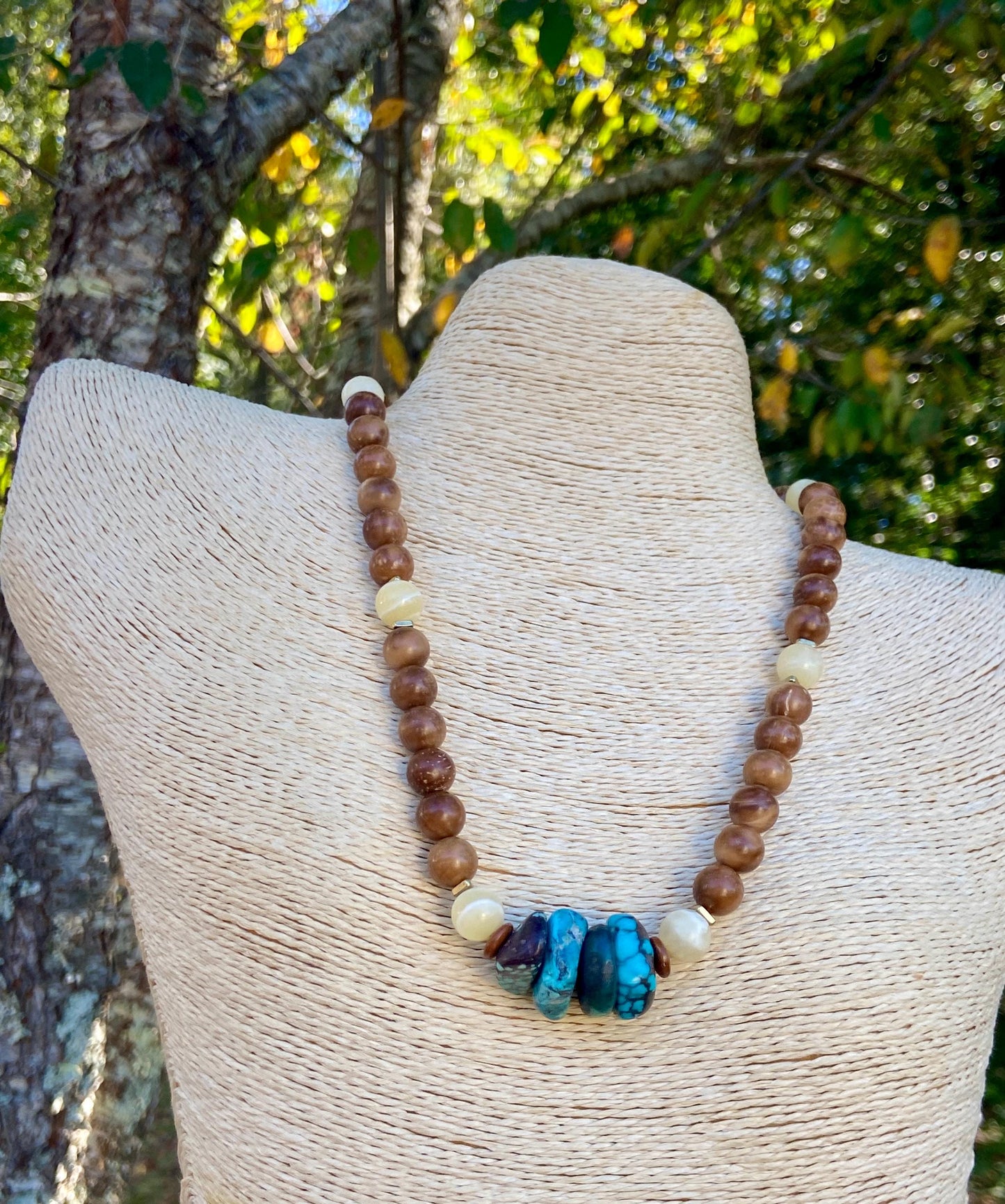 Artisan Necklace Autumn Vibes Necklace – Chunky Turquoise, Yellow Calcite, Brown Wooden Prayer Beads