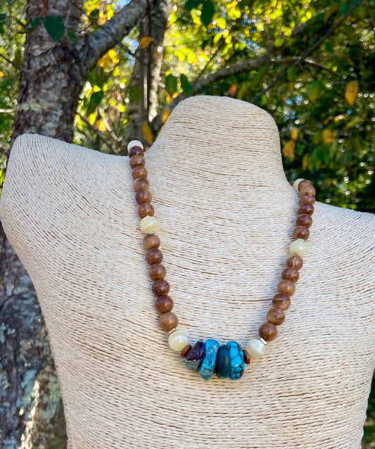 Artisan Necklace Autumn Vibes Necklace – Chunky Turquoise, Yellow Calcite, Brown Wooden Prayer Beads