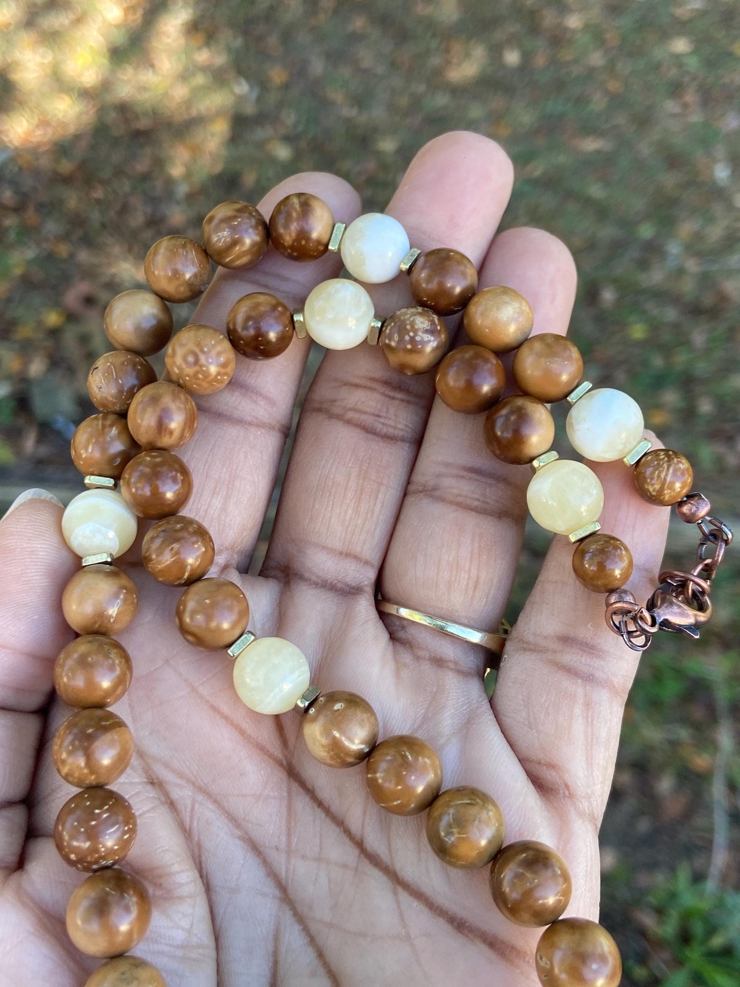 Artisan Necklace Autumn Vibes Necklace – Chunky Turquoise, Yellow Calcite, Brown Wooden Prayer Beads
