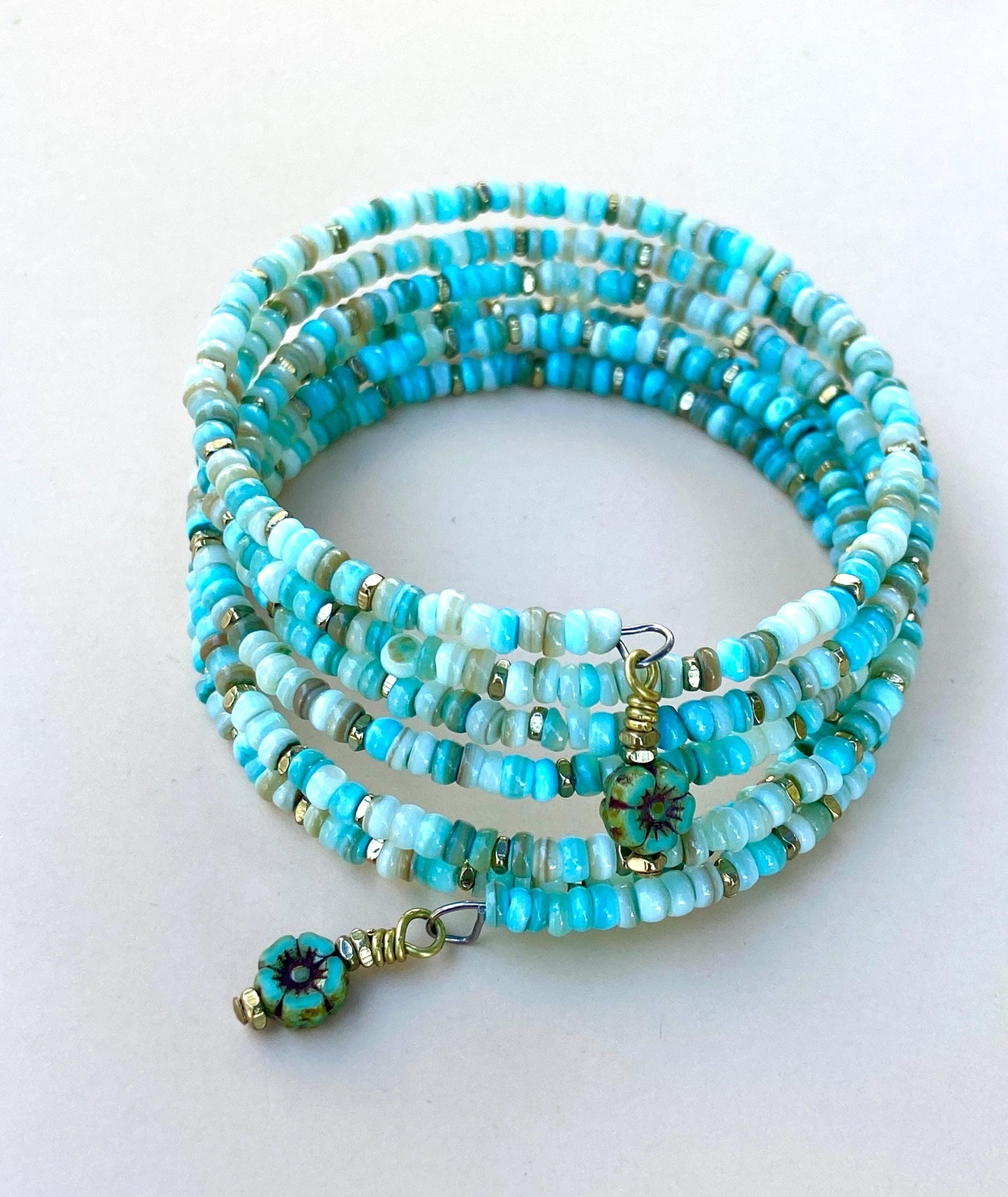 Turquoise and Sea Green Mussel Heishi Bead Bangle