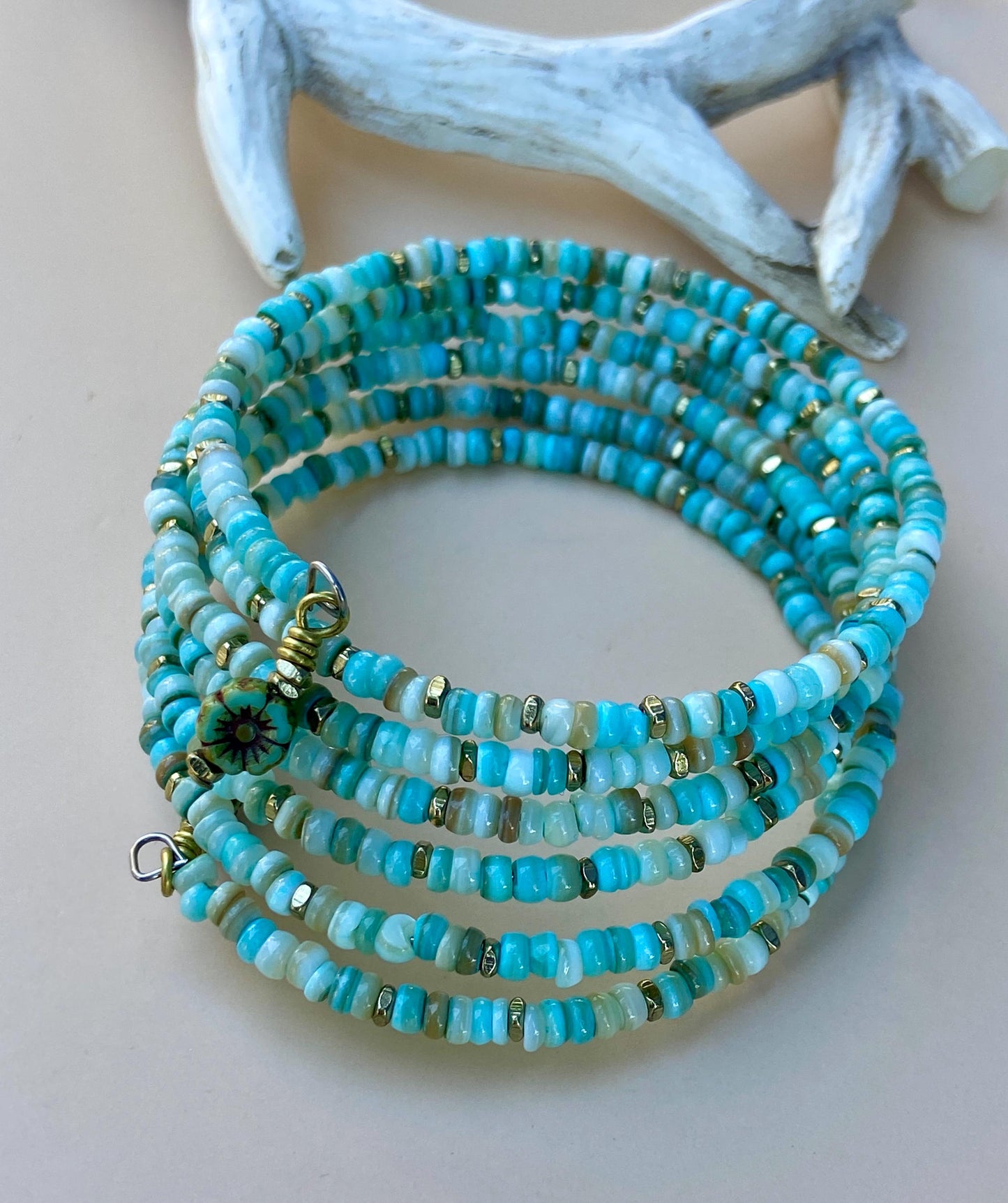 Turquoise and Sea Green Mussel Heishi Bead Bangle