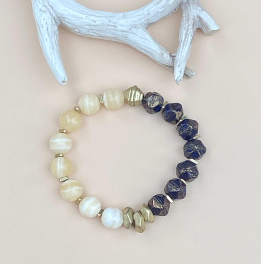 Minimalist Yellow Calcite & Czech Bead Bracelet with Brass Accents