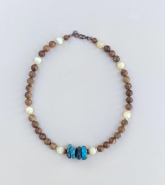 Artisan Necklace Autumn Vibes Necklace – Chunky Turquoise, Yellow Calcite, Brown Wooden Prayer Beads