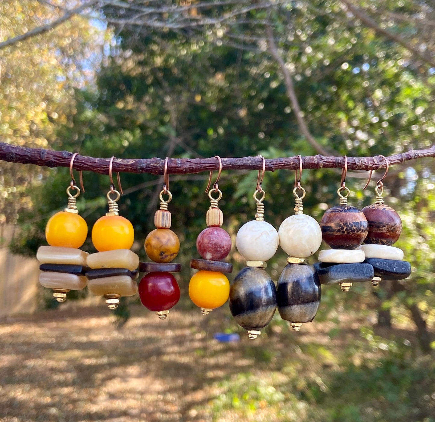 Earthy Tribal Boho Earrings • Natural Horn, Mookaite, & Kenya Amber Resin • Naga Conch • Coconut Bone •