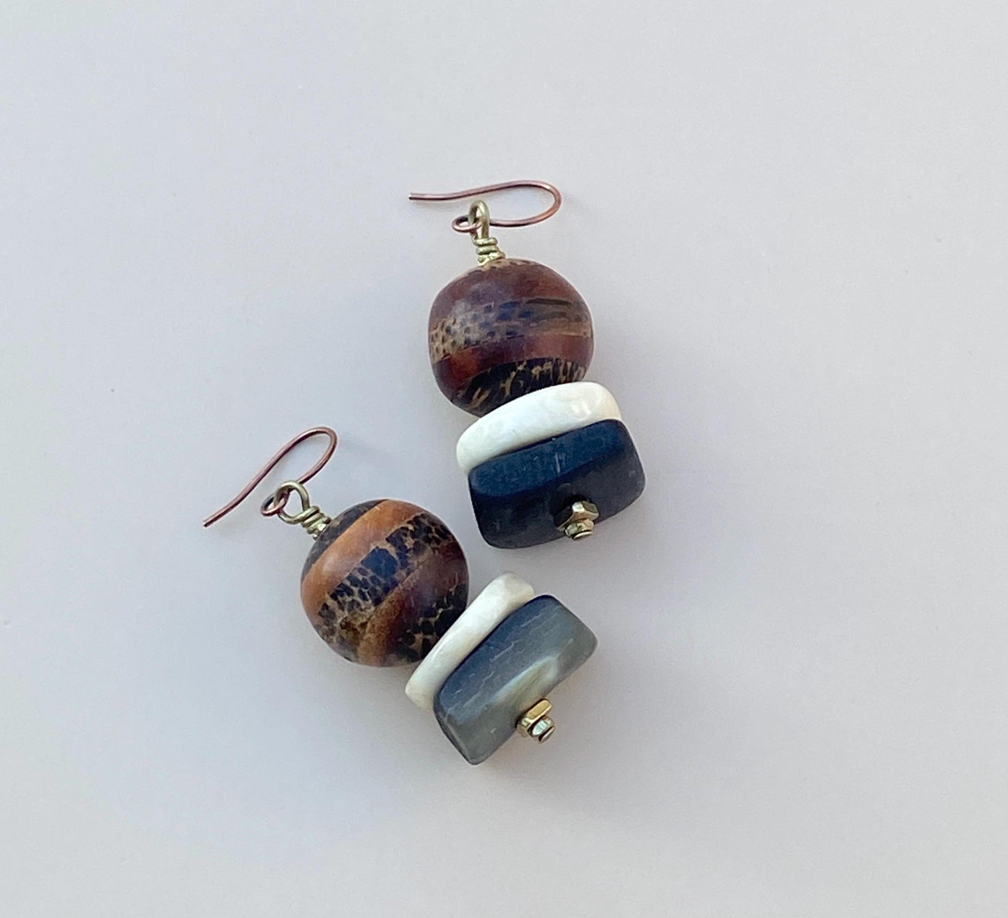 Earthy Tribal Boho Earrings • Natural Horn, Mookaite, & Kenya Amber Resin • Naga Conch • Coconut Bone •