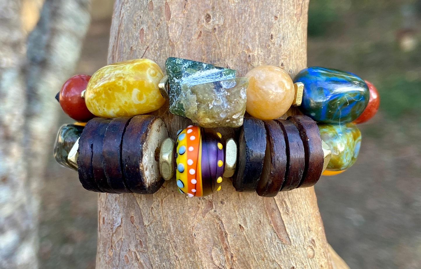 Boho Chakra Stone Stretch Bracelet, Roman Glass, Lampwork Focal