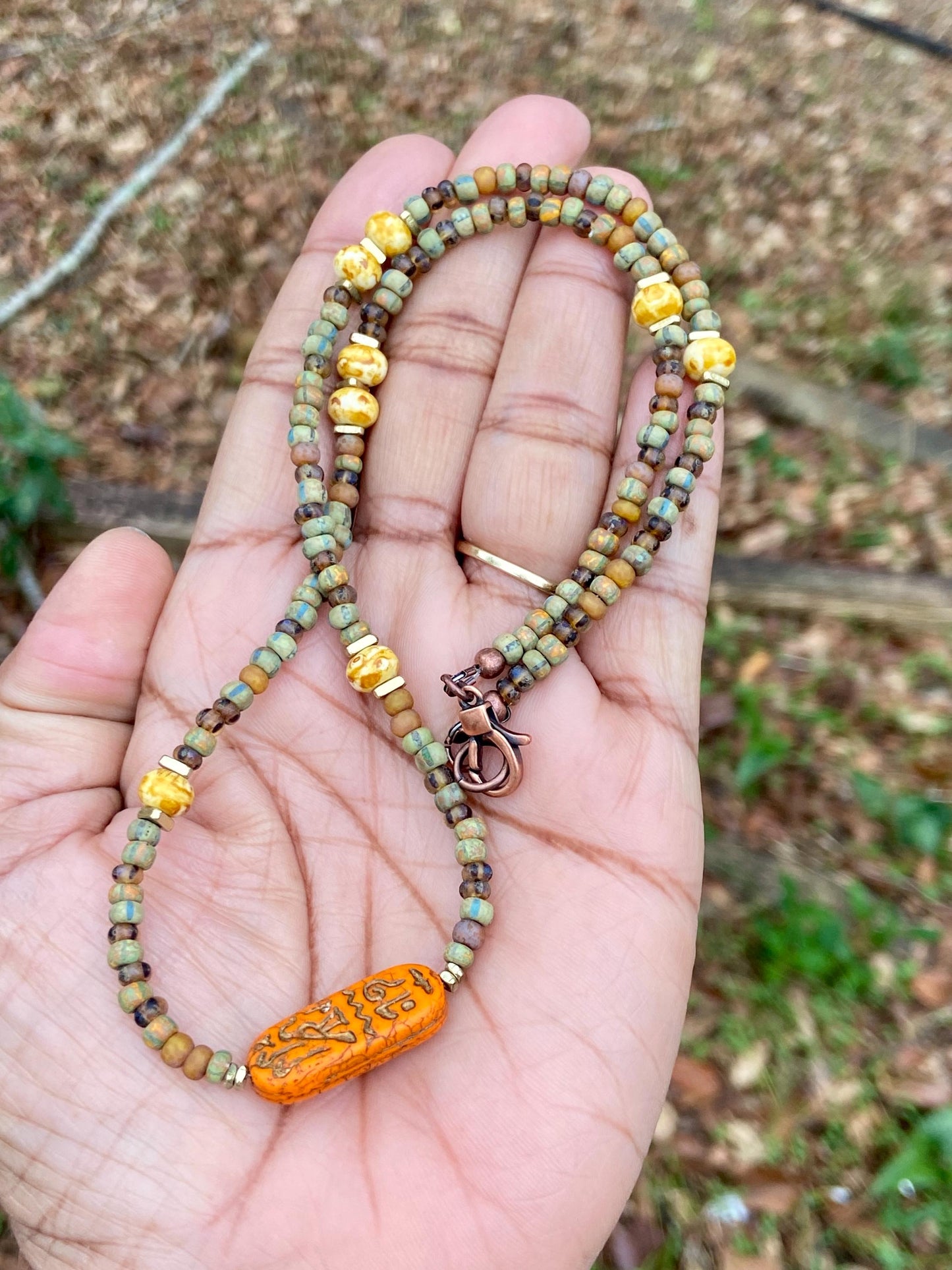 Matte and Picasso Czech with Gold Accent Boho Necklace
