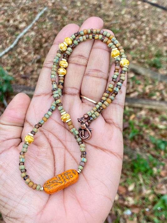Matte and Picasso Czech with Gold Accent Boho Necklace