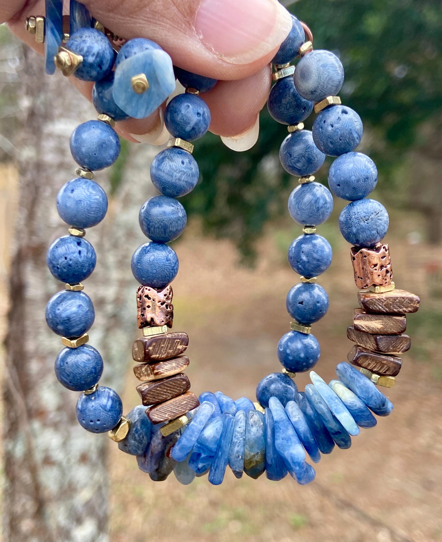 Blue Kyanite and Sponge Coral Bracelet| Coconut Wood and Brass Spacers|Boho Artisian Jewelry