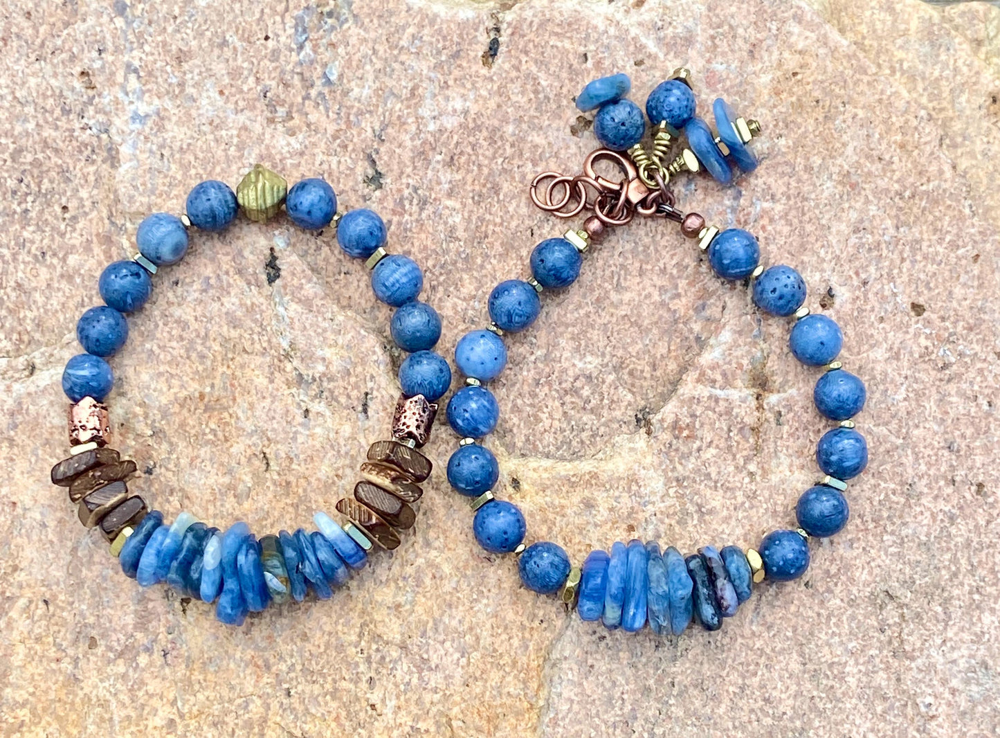 Blue Kyanite and Sponge Coral Bracelet| Coconut Wood and Brass Spacers|Boho Artisian Jewelry