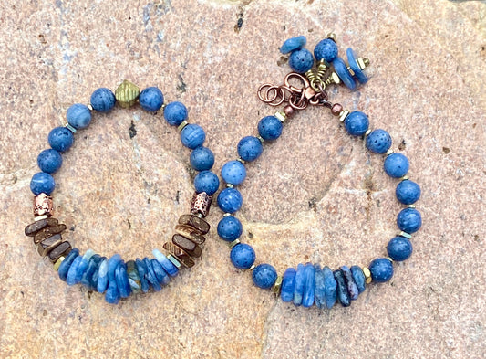 Blue Kyanite and Sponge Coral Bracelet| Coconut Wood and Brass Spacers|Boho Artisian Jewelry