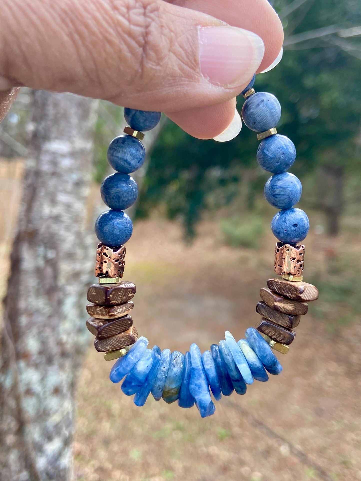 Blue Kyanite and Sponge Coral Bracelet| Coconut Wood and Brass Spacers|Boho Artisian Jewelry