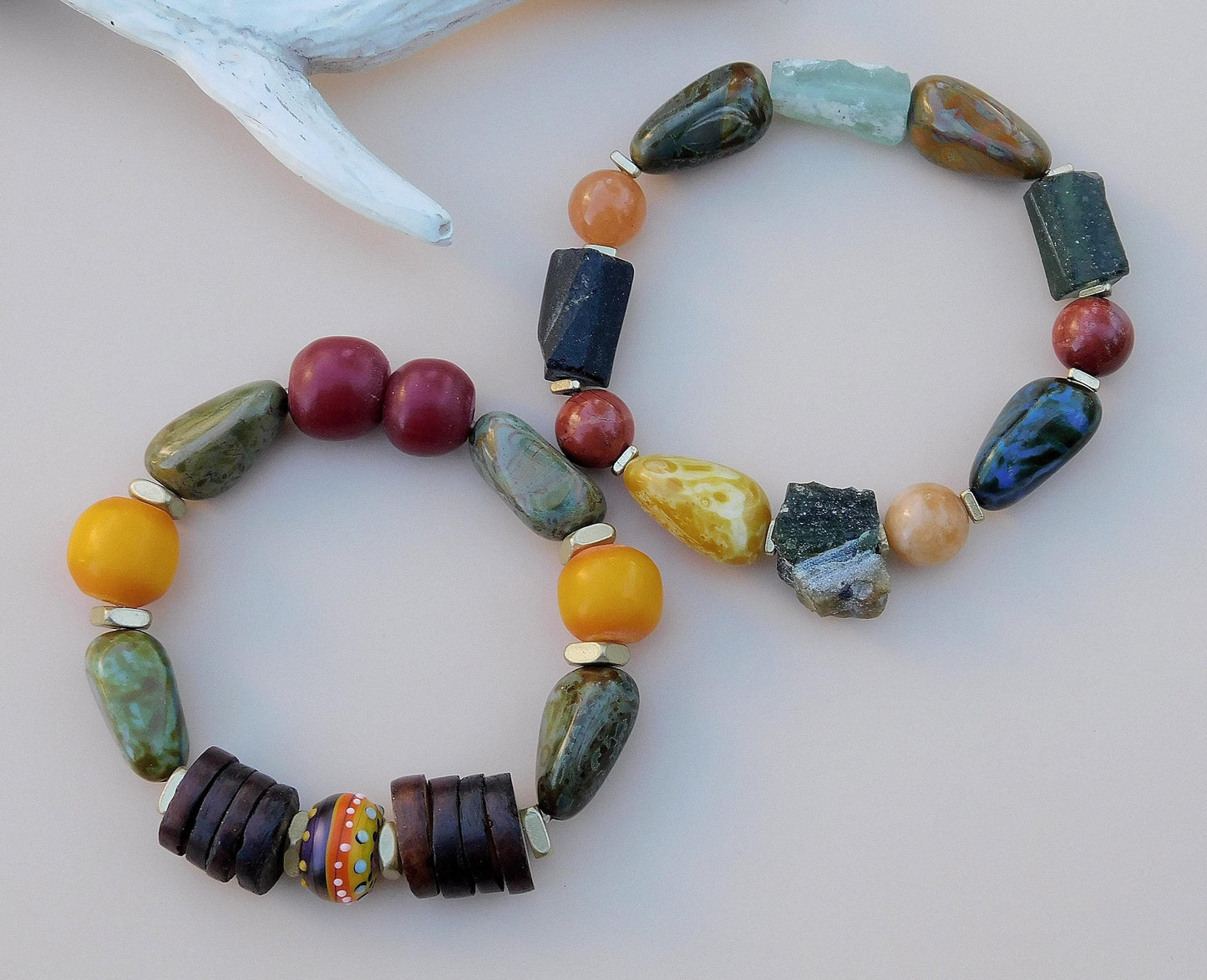 Boho Chakra Stone Stretch Bracelet, Roman Glass, Lampwork Focal