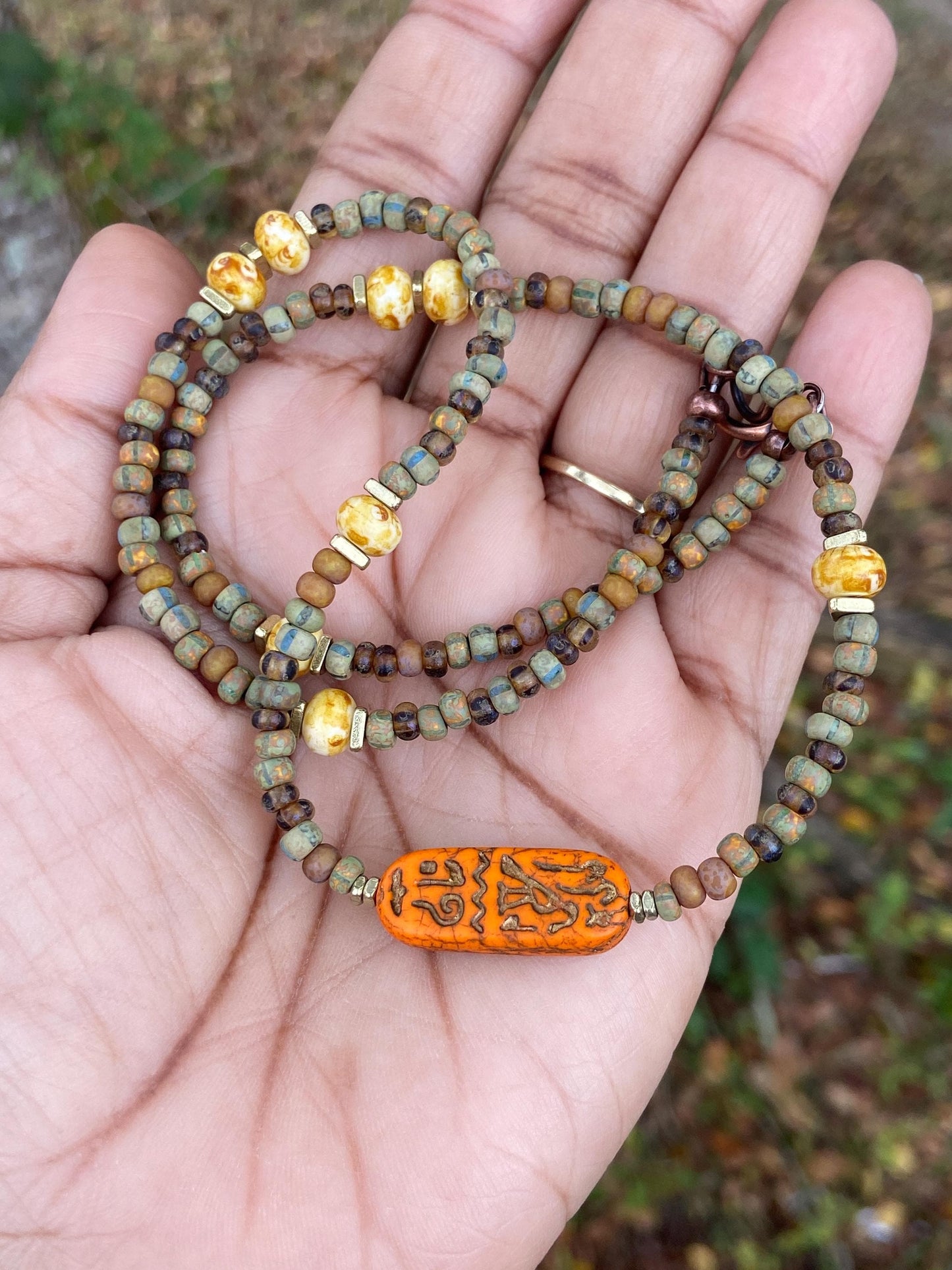 Matte and Picasso Czech with Gold Accent Boho Necklace