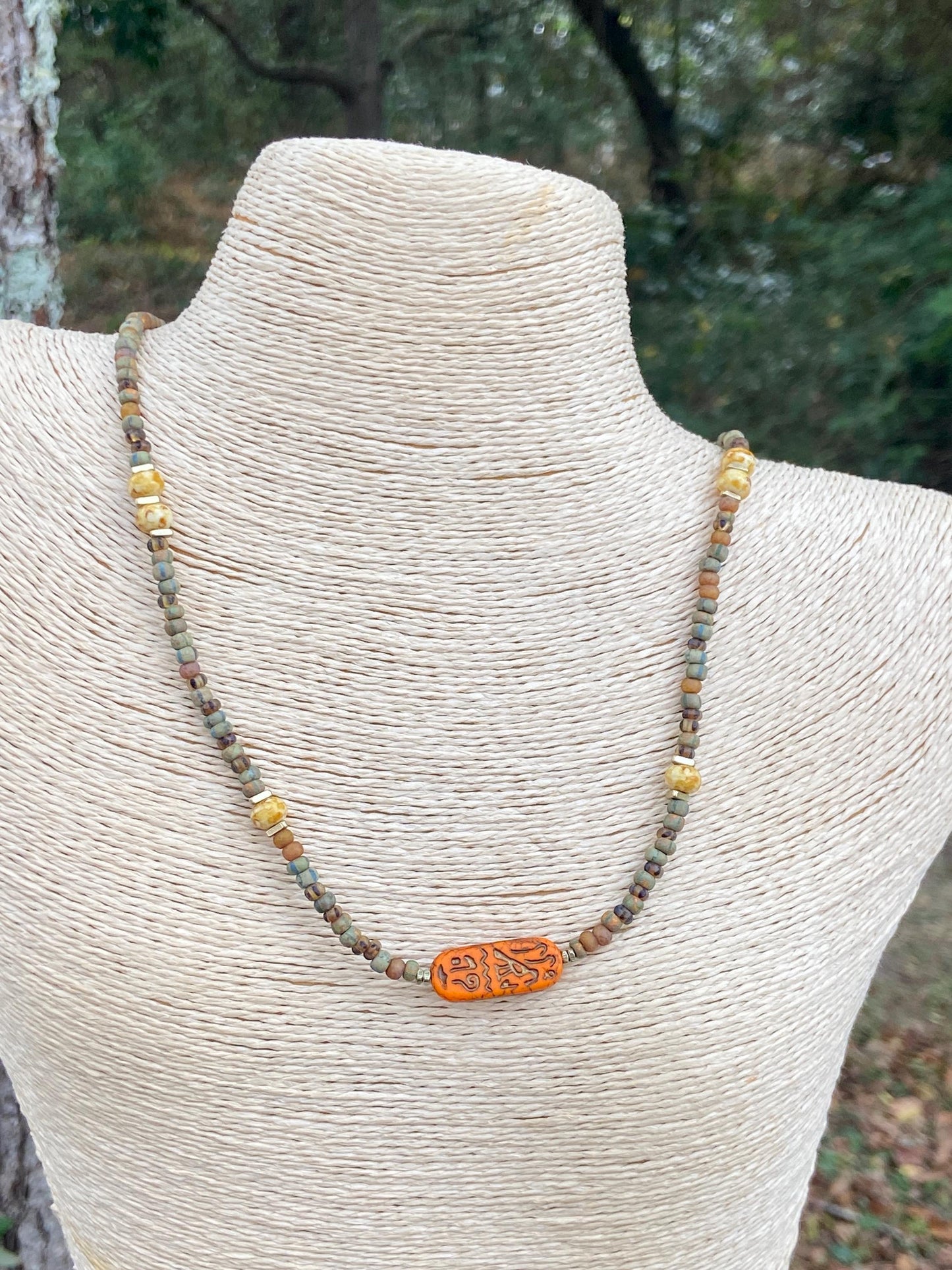 Matte and Picasso Czech with Gold Accent Boho Necklace
