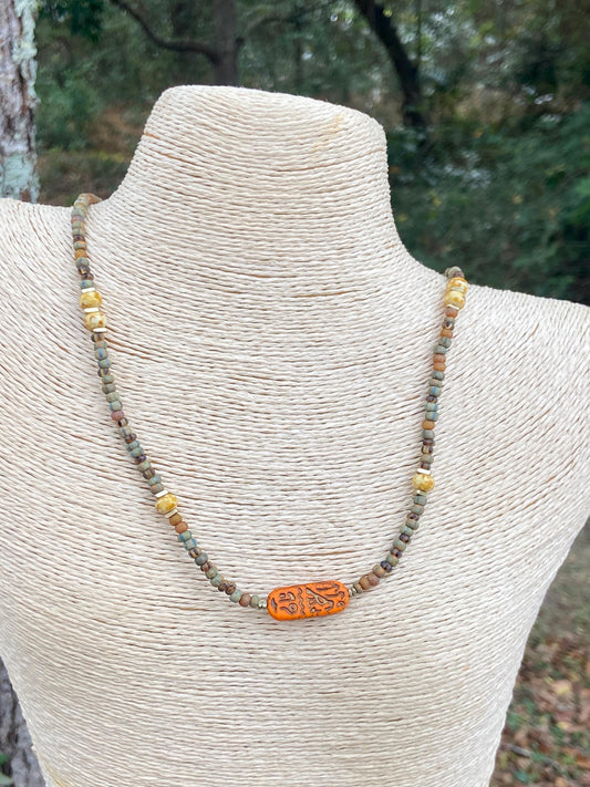 Matte and Picasso Czech with Gold Accent Boho Necklace