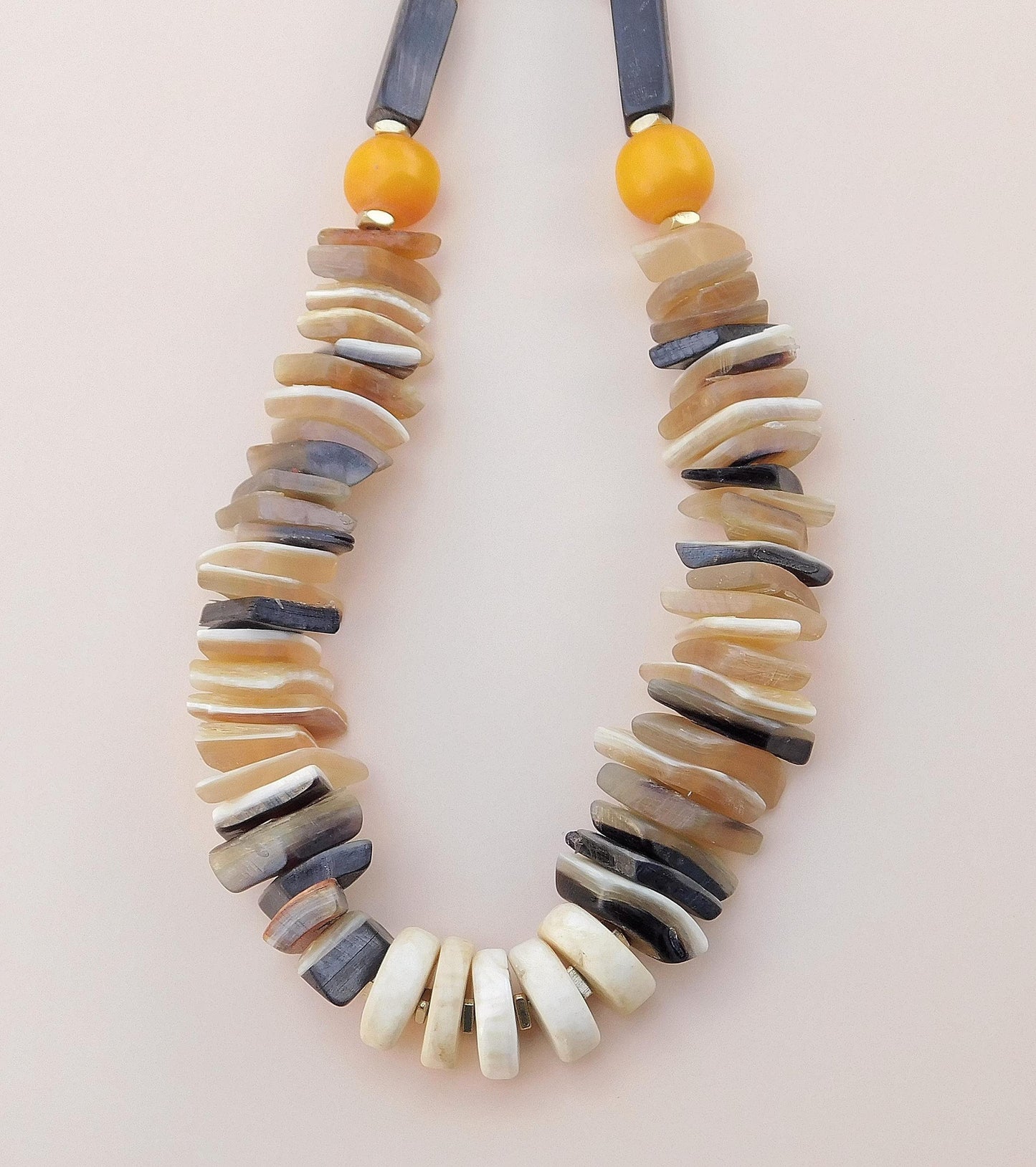 Handmade Horn & Naga Conch Shell Necklace with Colorful Kenyan Resin Beads