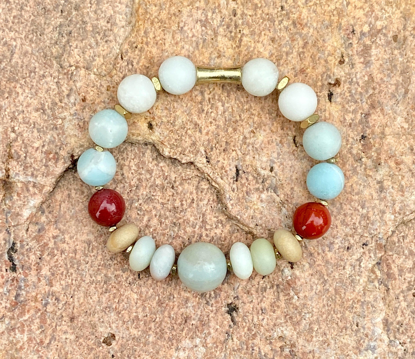 Cloud Dancer Gemstone Bracelet – Amazonite, Mookaite & Brass