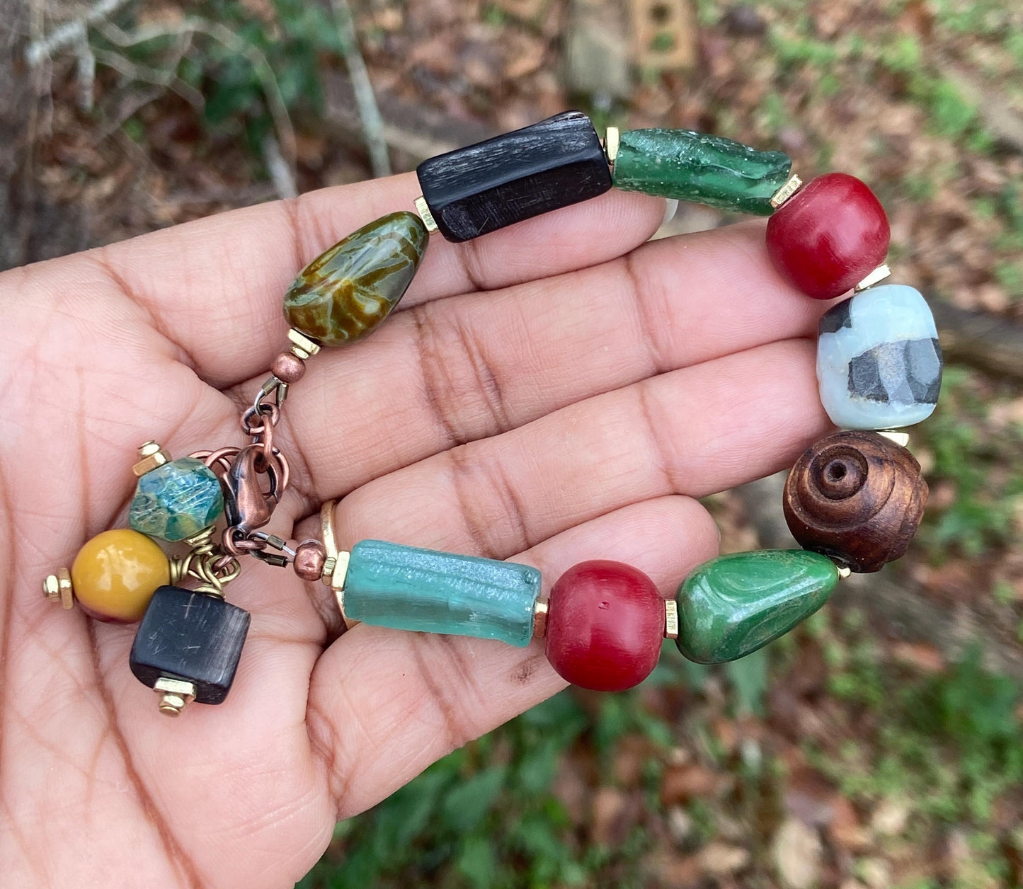 AfroBoho Mixed Media Roman Glass, Amazonite, Czech and Horn Beads