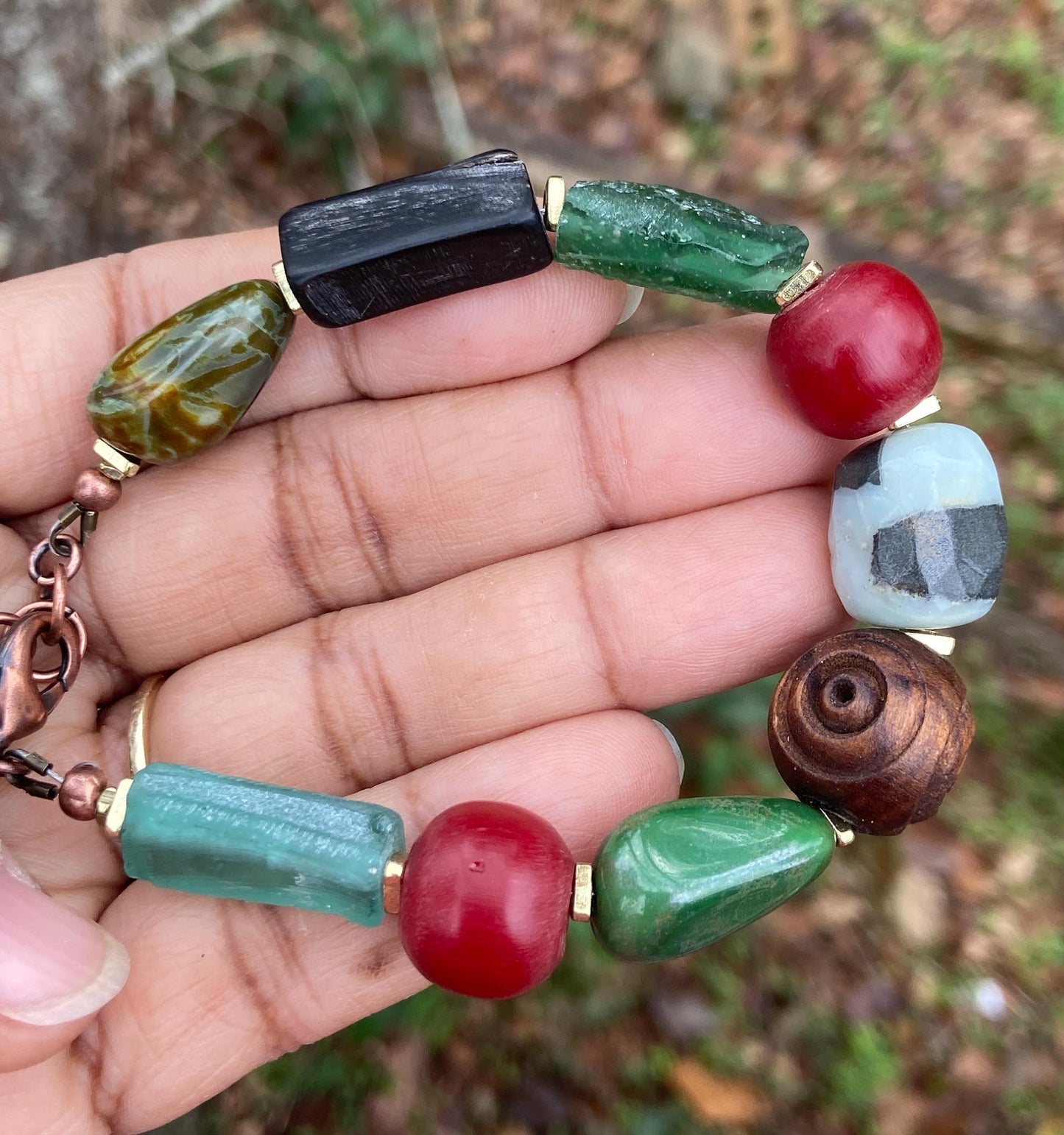 AfroBoho Mixed Media Roman Glass, Amazonite, Czech and Horn Beads