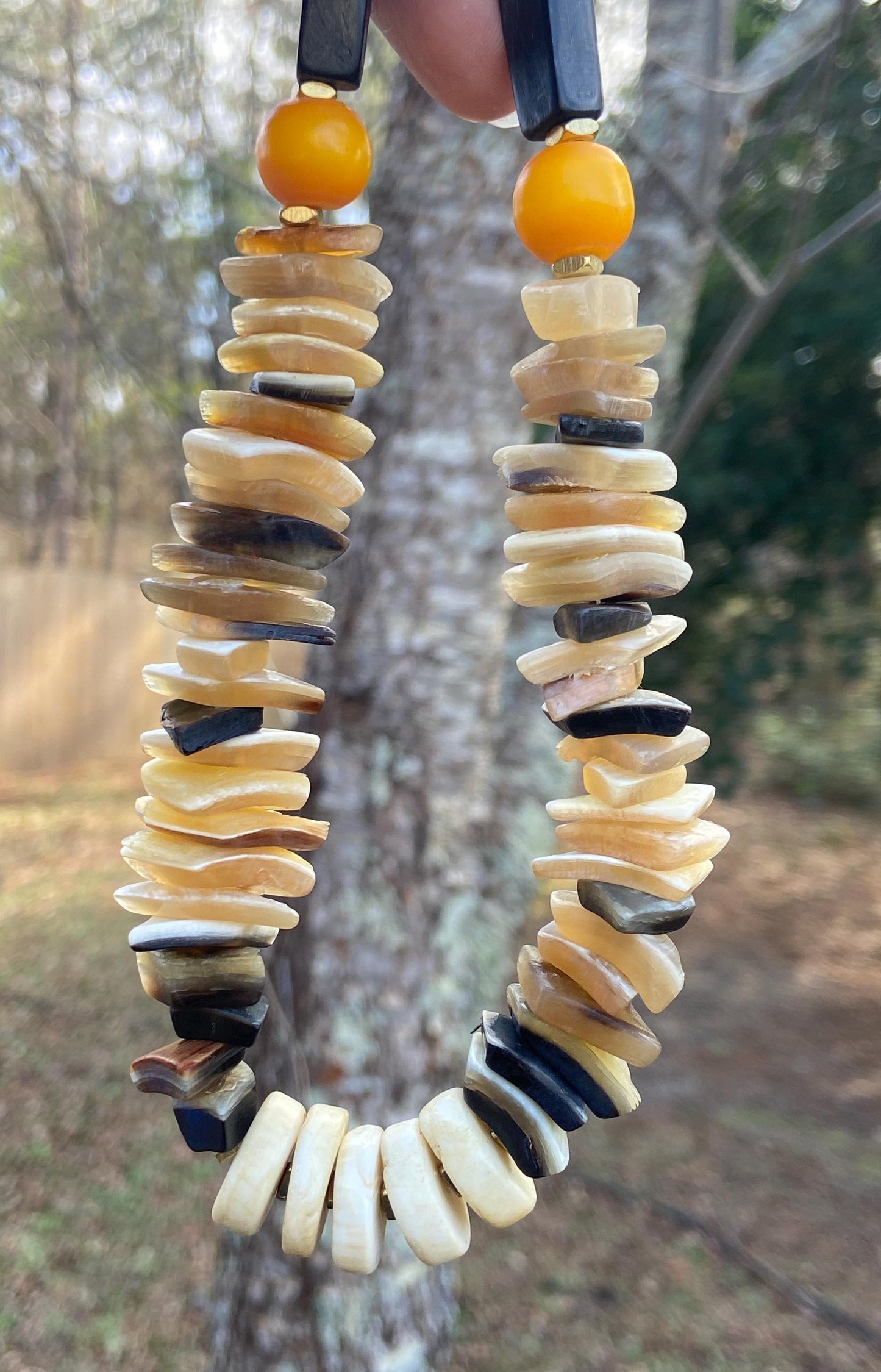 Handmade Horn & Naga Conch Shell Necklace with Colorful Kenyan Resin Beads