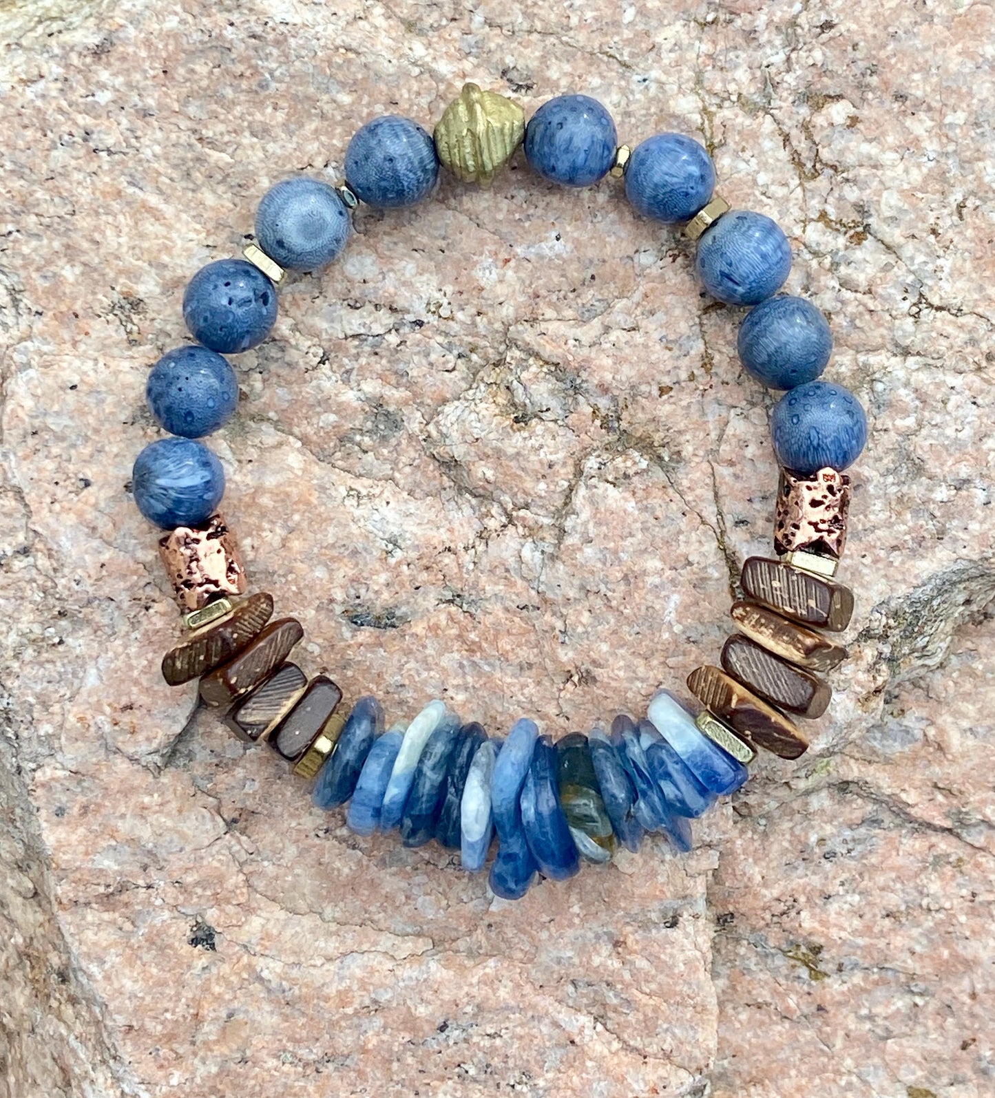 Blue Kyanite and Sponge Coral Bracelet| Coconut Wood and Brass Spacers|Boho Artisian Jewelry
