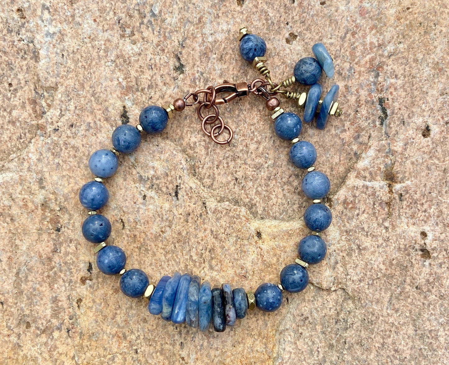 Blue Kyanite and Sponge Coral Bracelet| Coconut Wood and Brass Spacers|Boho Artisian Jewelry