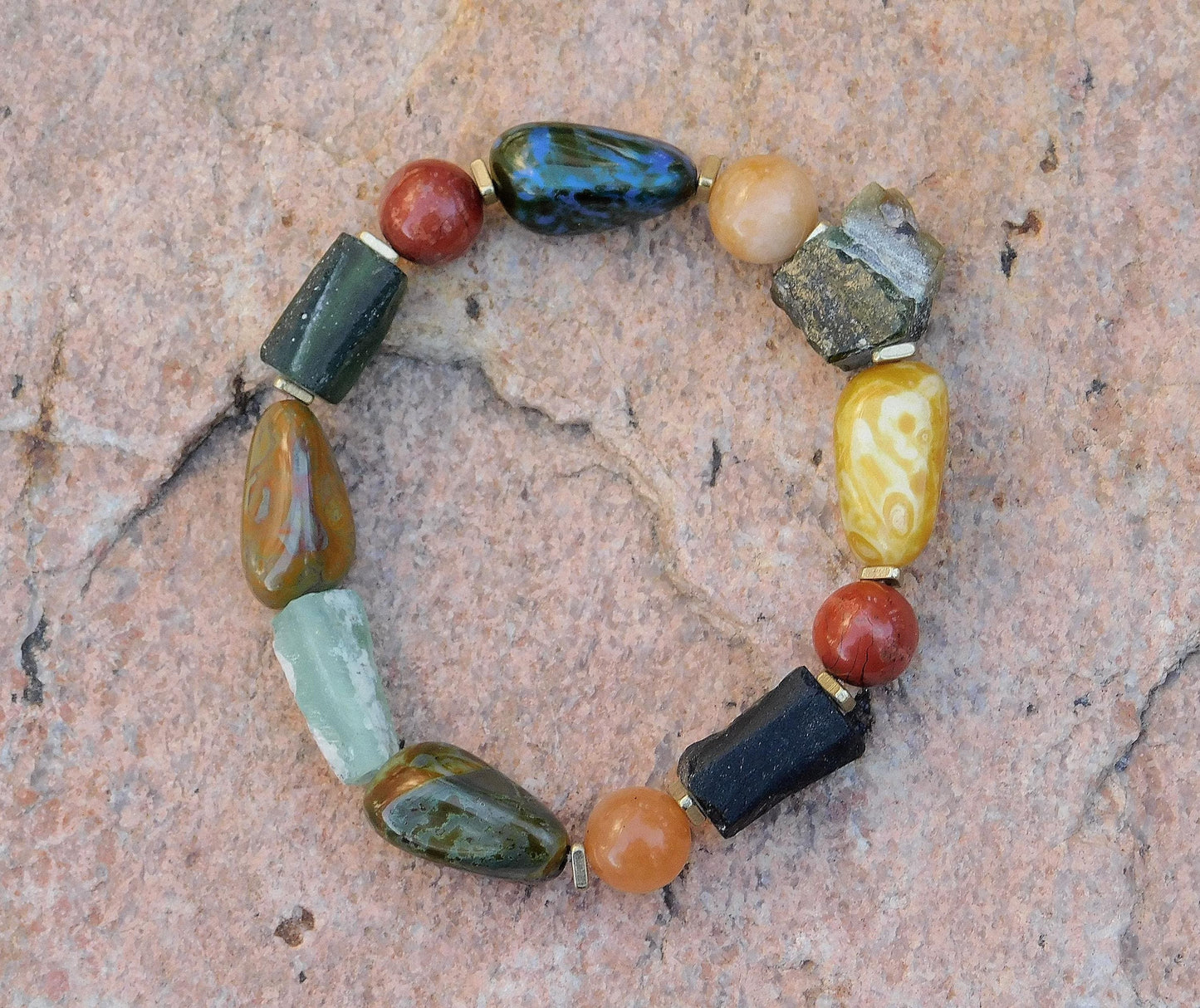 Boho Chakra Stone Stretch Bracelet, Roman Glass, Lampwork Focal