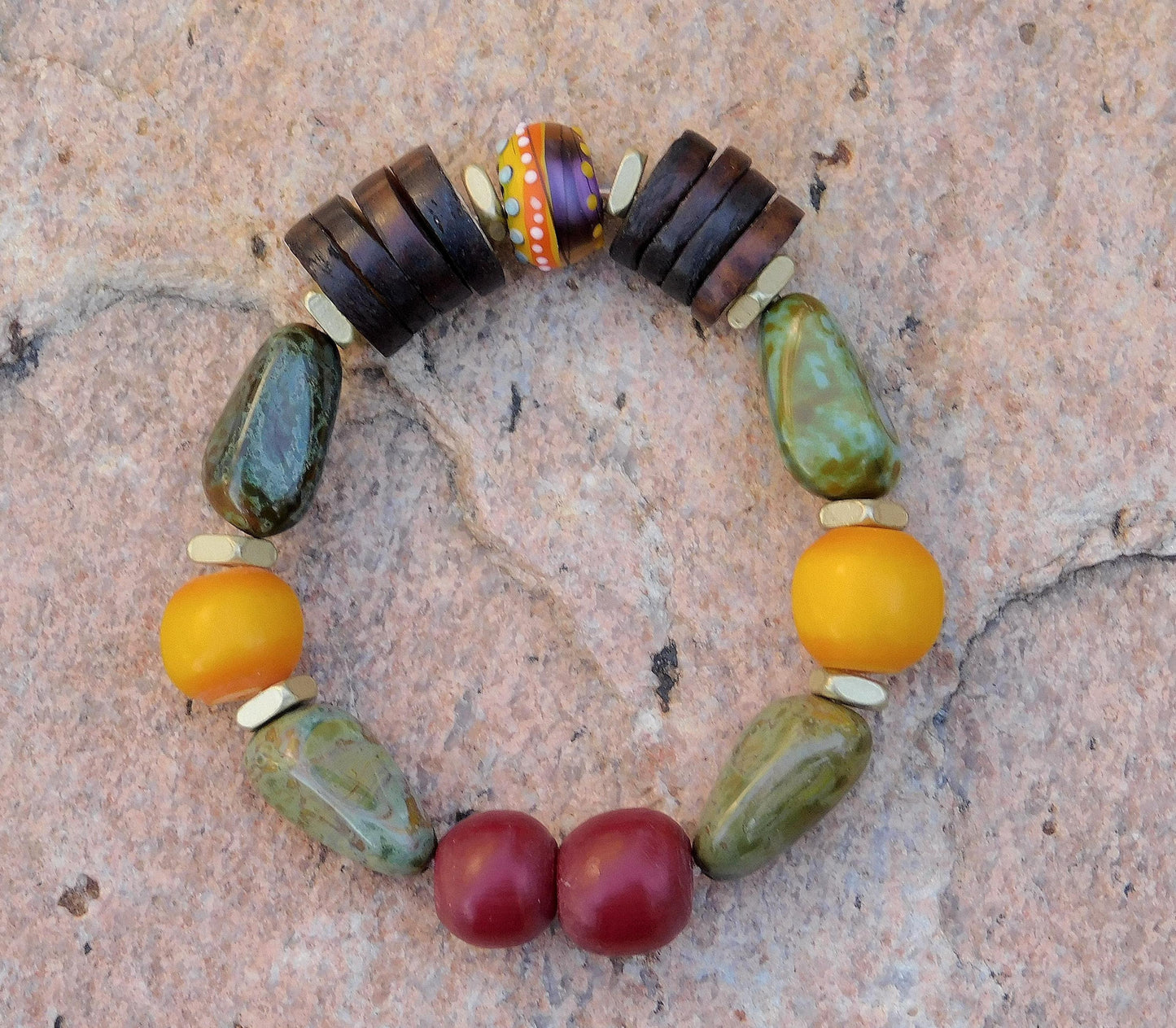 Boho Chakra Stone Stretch Bracelet, Roman Glass, Lampwork Focal