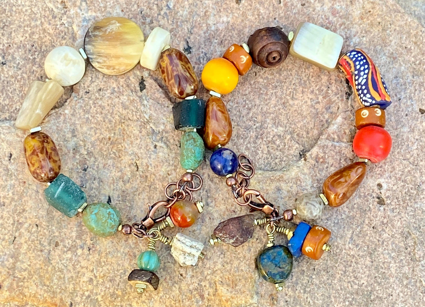 Boho Mixed Media Bracelets, Roman Glass, Lampwork Focal