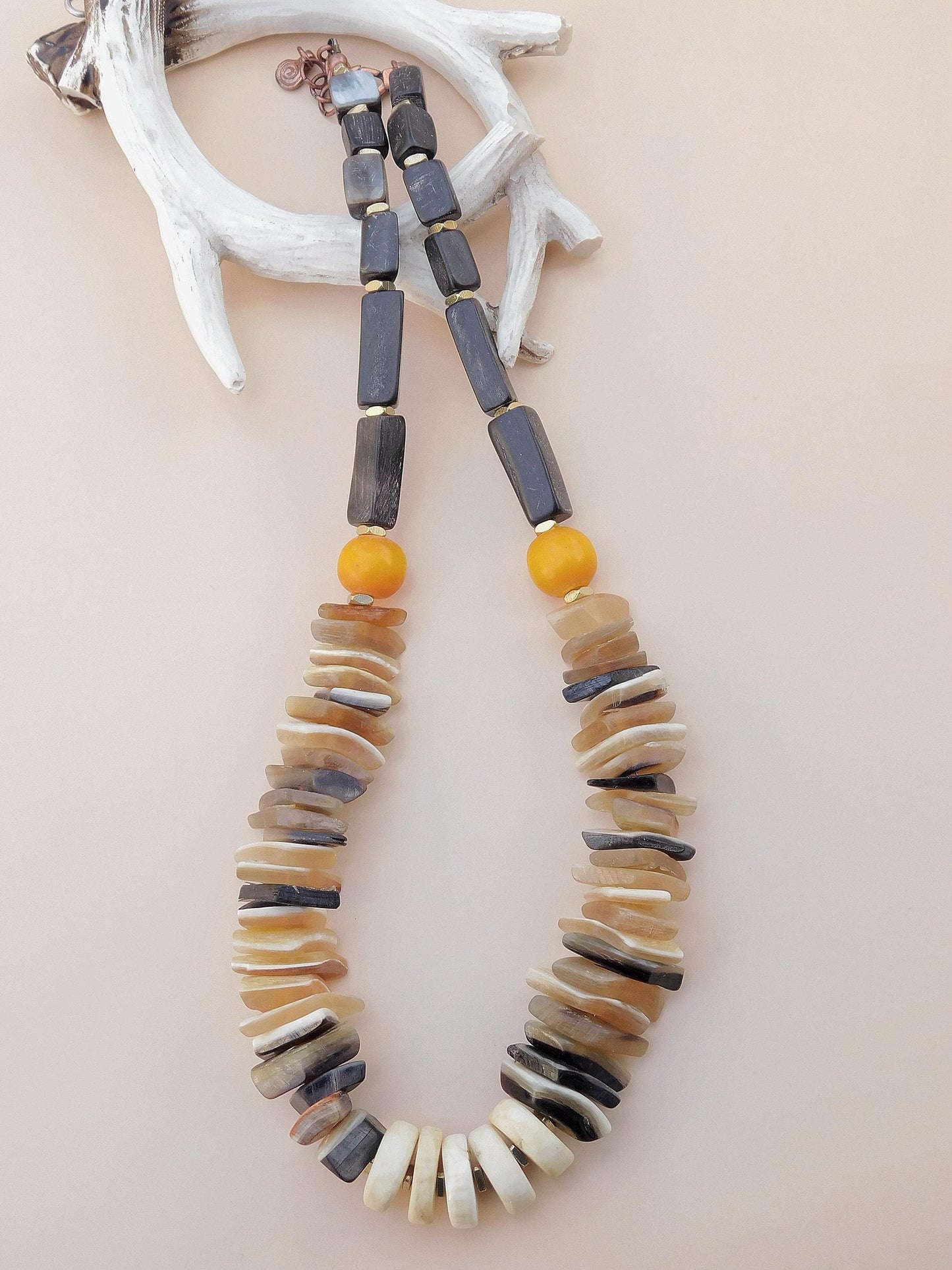 Handmade Horn & Naga Conch Shell Necklace with Colorful Kenyan Resin Beads